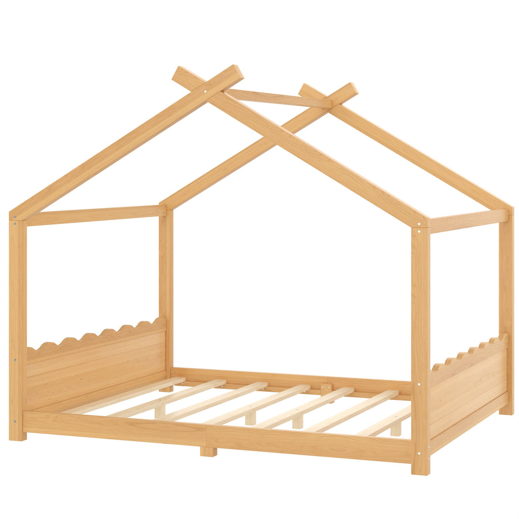 Queen House Floor Bed with Support Slats, Solid Wood House Bed Frame for Kids, No Box Spring Needed and Opening Constructure, Natural
