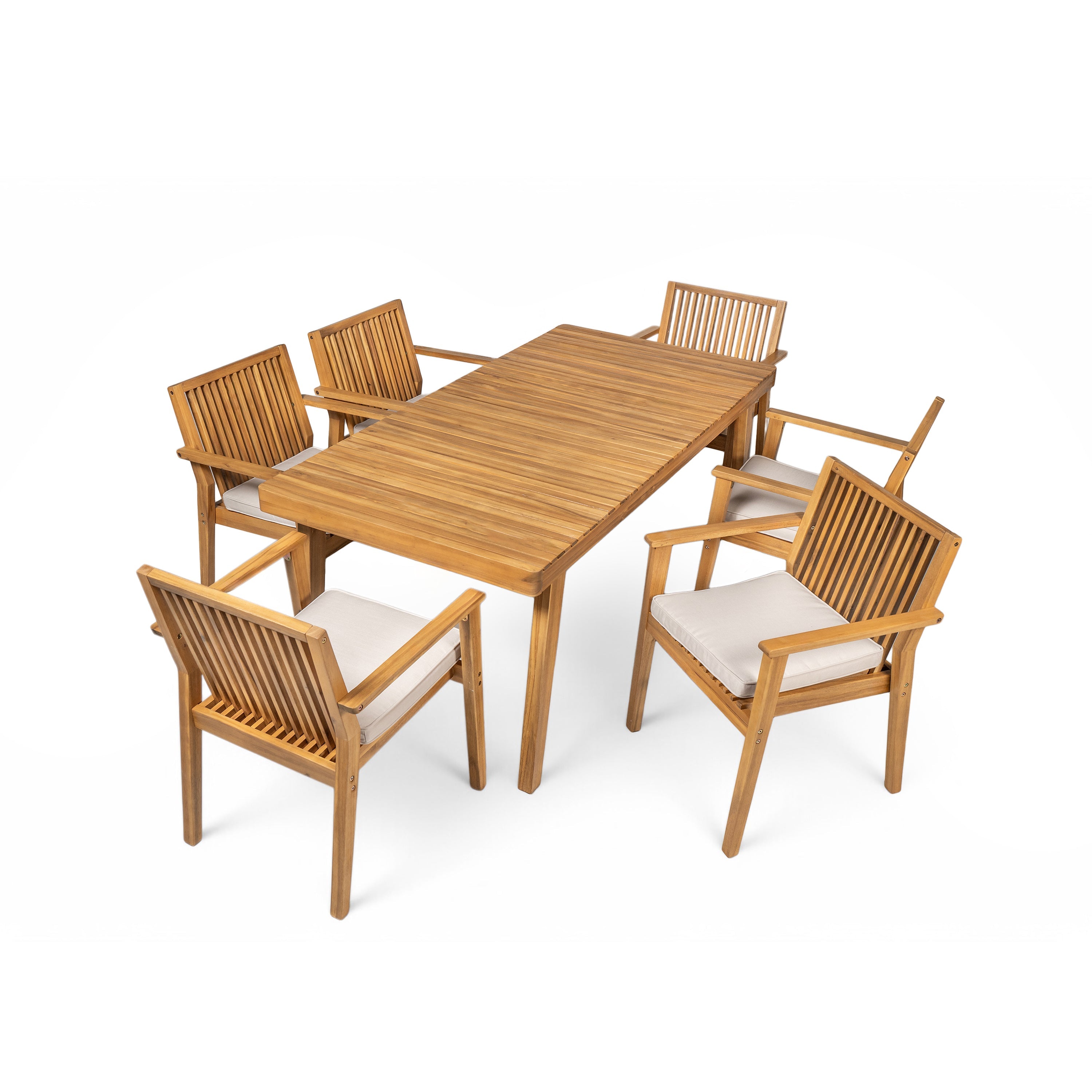 Durable 7 - Piece Patio Furniture Set Acacia Wood Table and 6 Heavy-Duty Cushioned Chairs, Natural