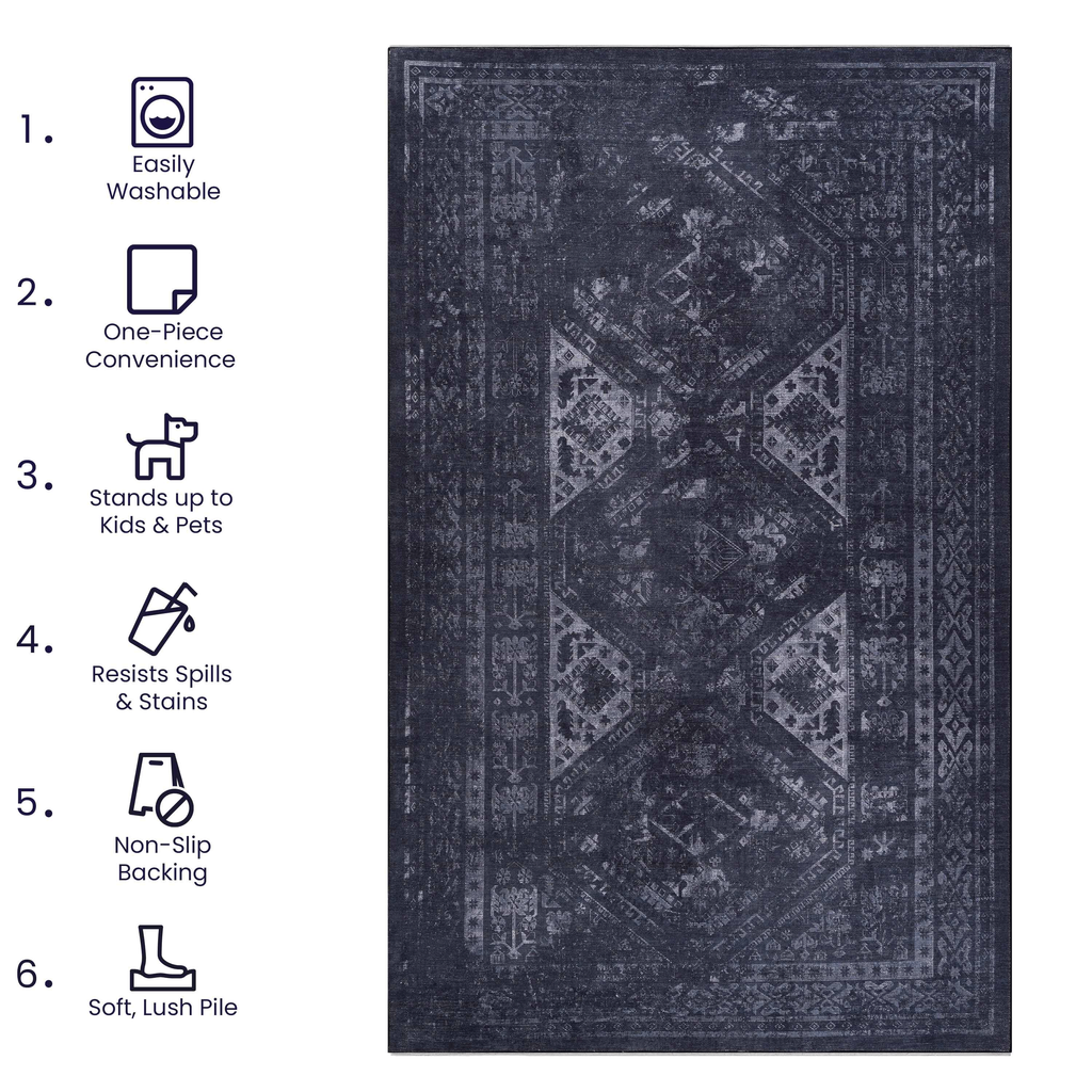 3x5 Area Rugs, Washable Rug, Low-Pile, Non-Slip, Non-Shedding, Foldable, Kid & Pet Friendly - Area Rugs for living room, bedroom, kitchen, dining room rug - Perfect Gifts, (Black+ Gray, 3' x 5')