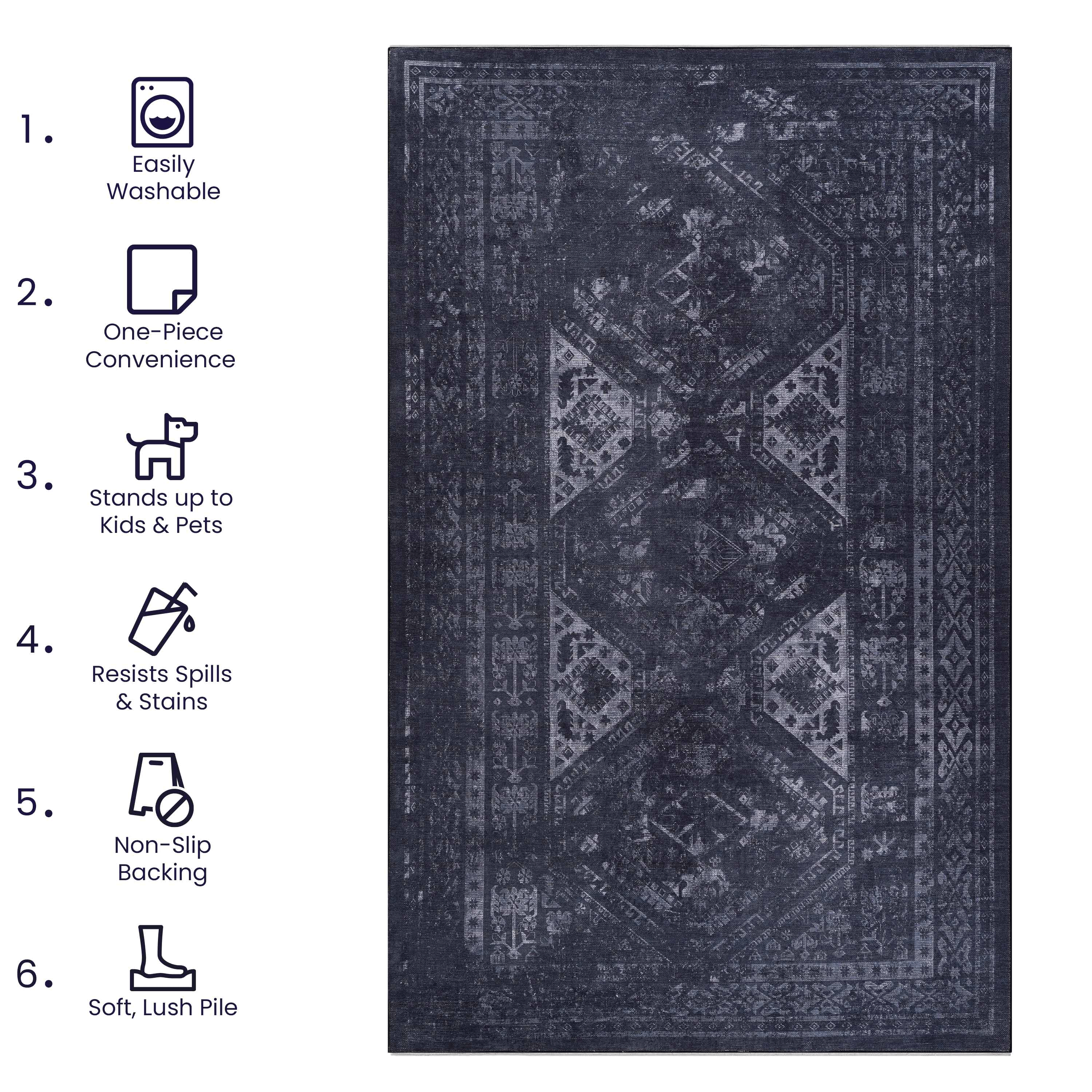 3x5 Area Rugs, Washable Rug, Low-Pile, Non-Slip, Non-Shedding, Foldable, Kid & Pet Friendly - Area Rugs for living room, bedroom, kitchen, dining room rug - Perfect Gifts, (Black+ Gray, 3' x 5')