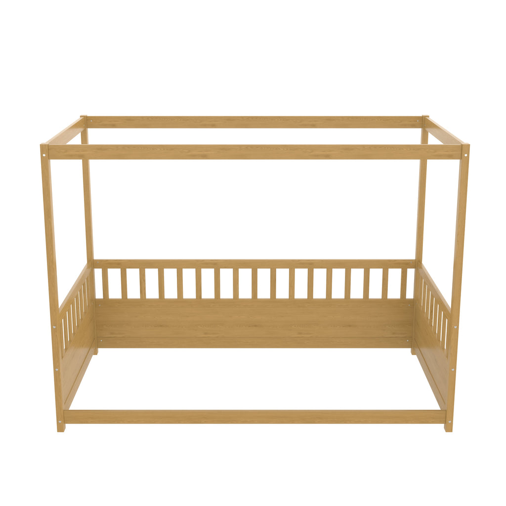 Twin Size Canopy Bed Frame with Guardrails for Kids,Floor Bed Twin with Four Poster Design,Kids Montessori Floor Bed,Wood Canopy Bed Frame for Girls,Boys(Twin,Natural)