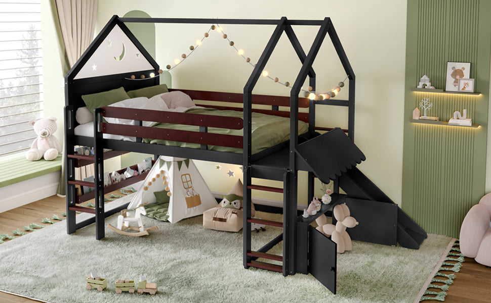 Full Size Loft Bed with Bookshelf Playful Design for Kids House-Shaped Structure with Slide High-Quality Safety Rails,Black.
