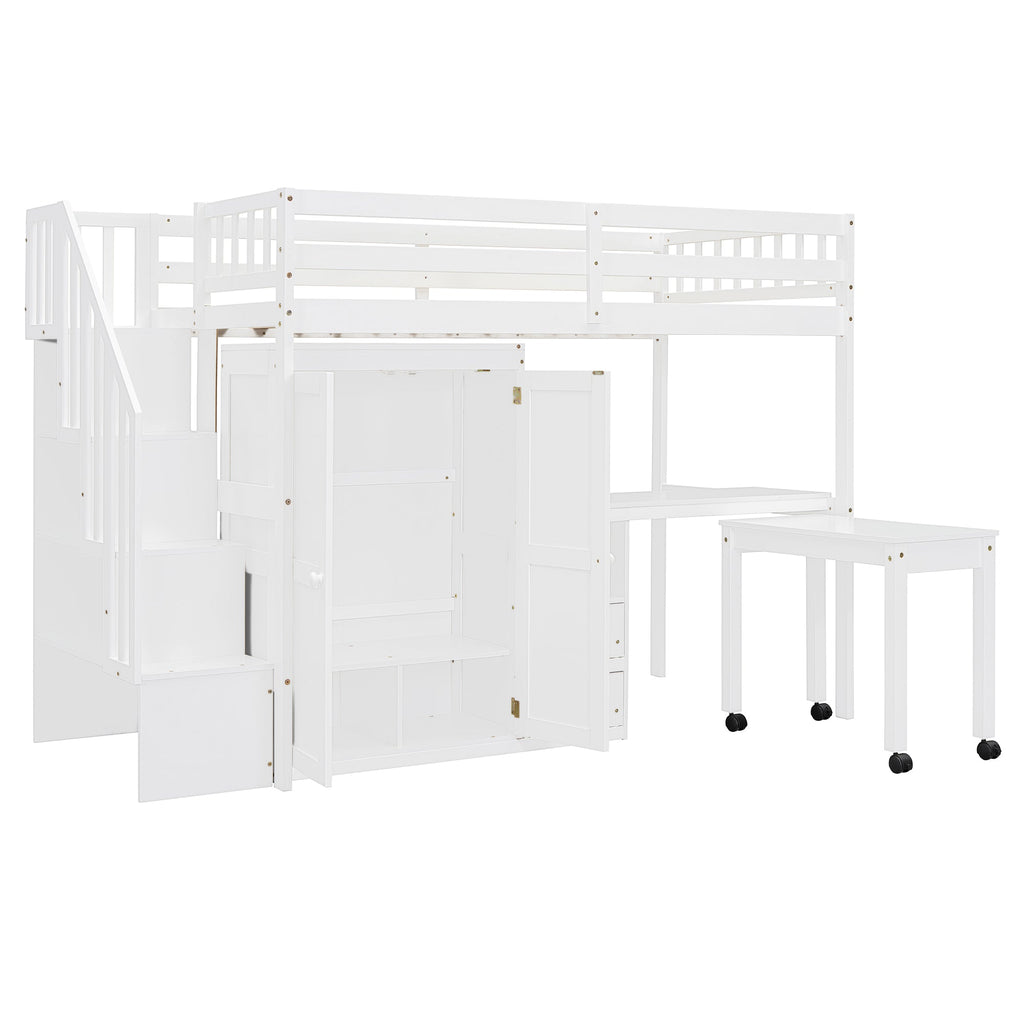 Twin Size Loft Bed with Stairs, Bookshelf, Drawers, Desk & Wardrobe – Space-Saving Multifunctional Furniture for Kids & Teens-White