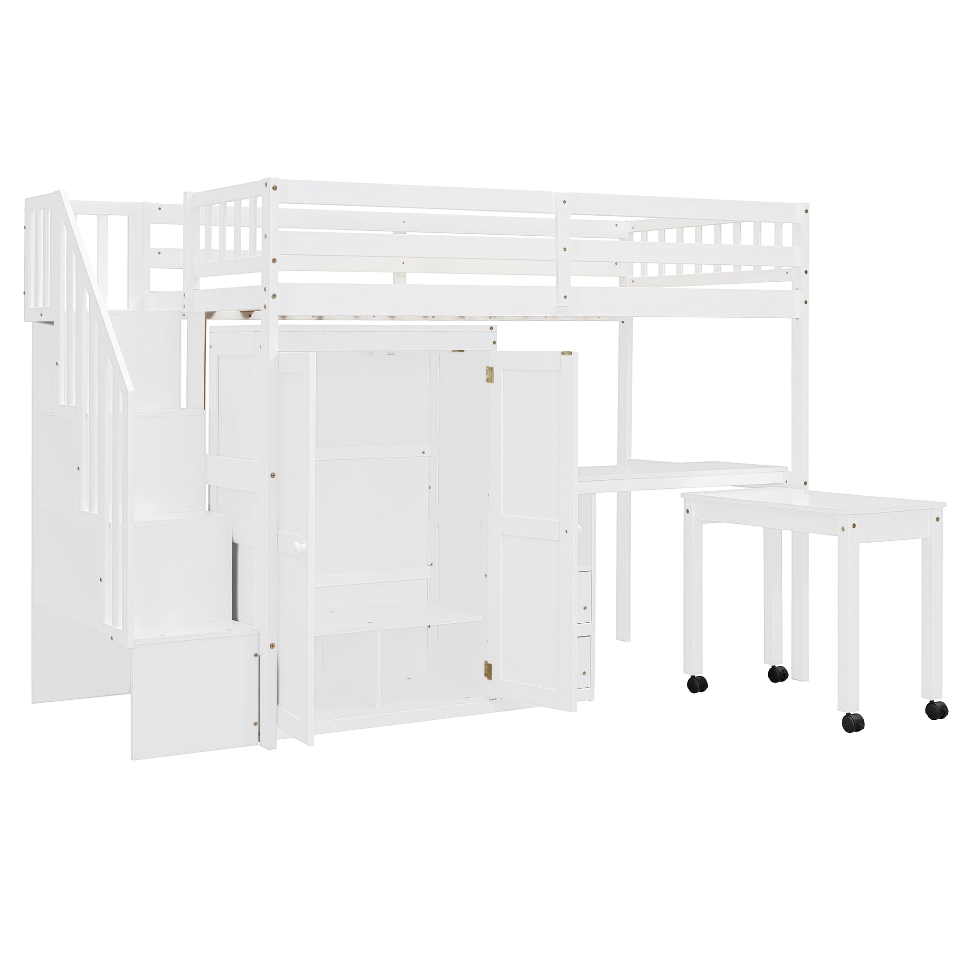 Twin Size Loft Bed with Stairs, Bookshelf, Drawers, Desk & Wardrobe – Space-Saving Multifunctional Furniture for Kids & Teens-White