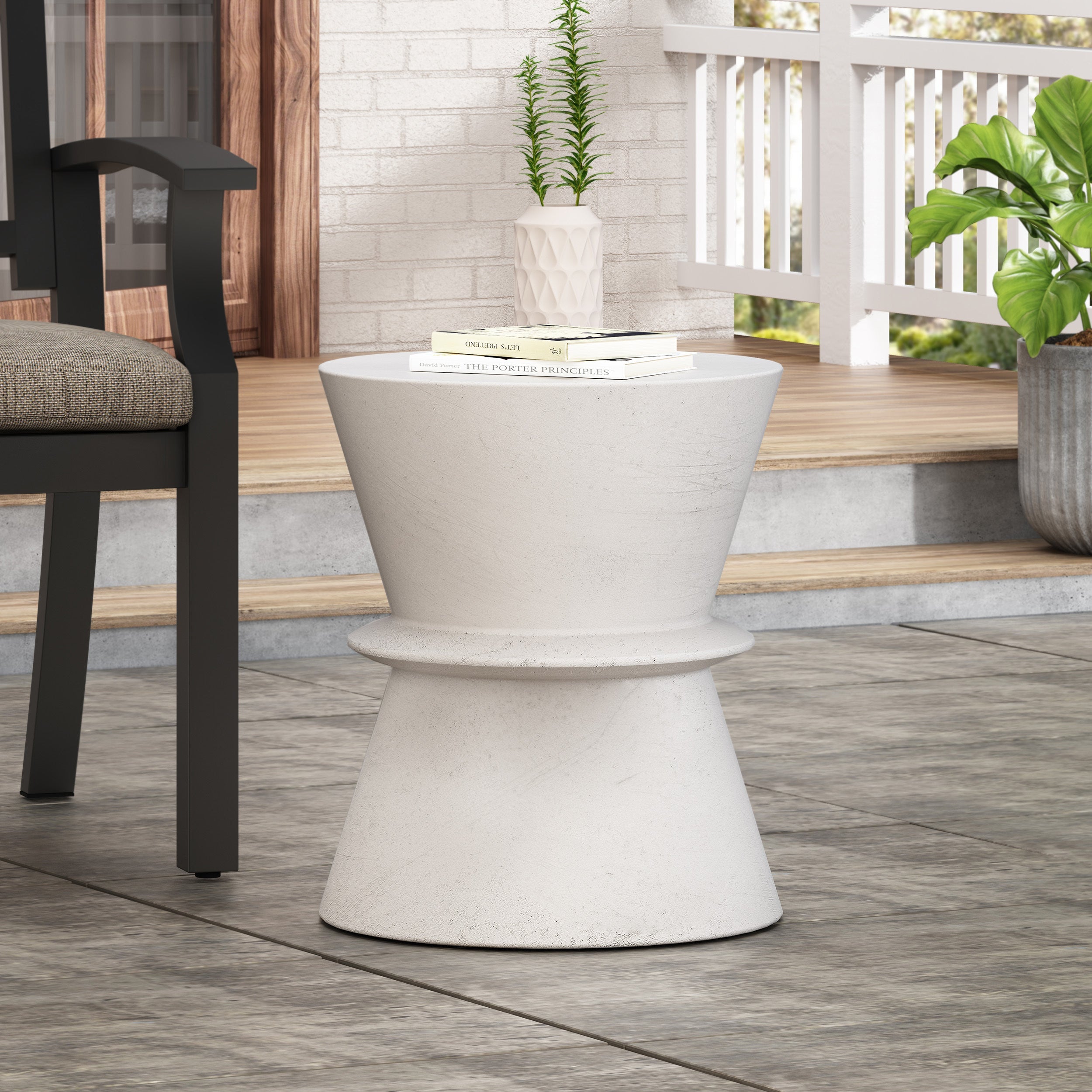 Outdoor Lightweight Concrete End Table with Hourglass Structure, Antique White