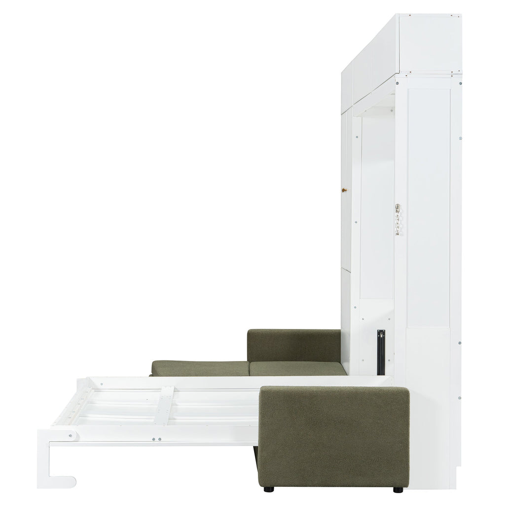 Queen Size Murphy Bed Wall Bed with Sofa and Shelves,White Panel, Green Sofa