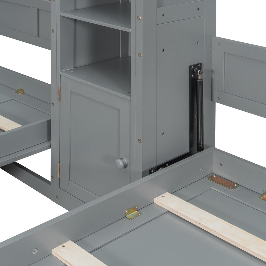 Dual Twin size Wall Murphy Beds with Cabinets and Shelves, Gray