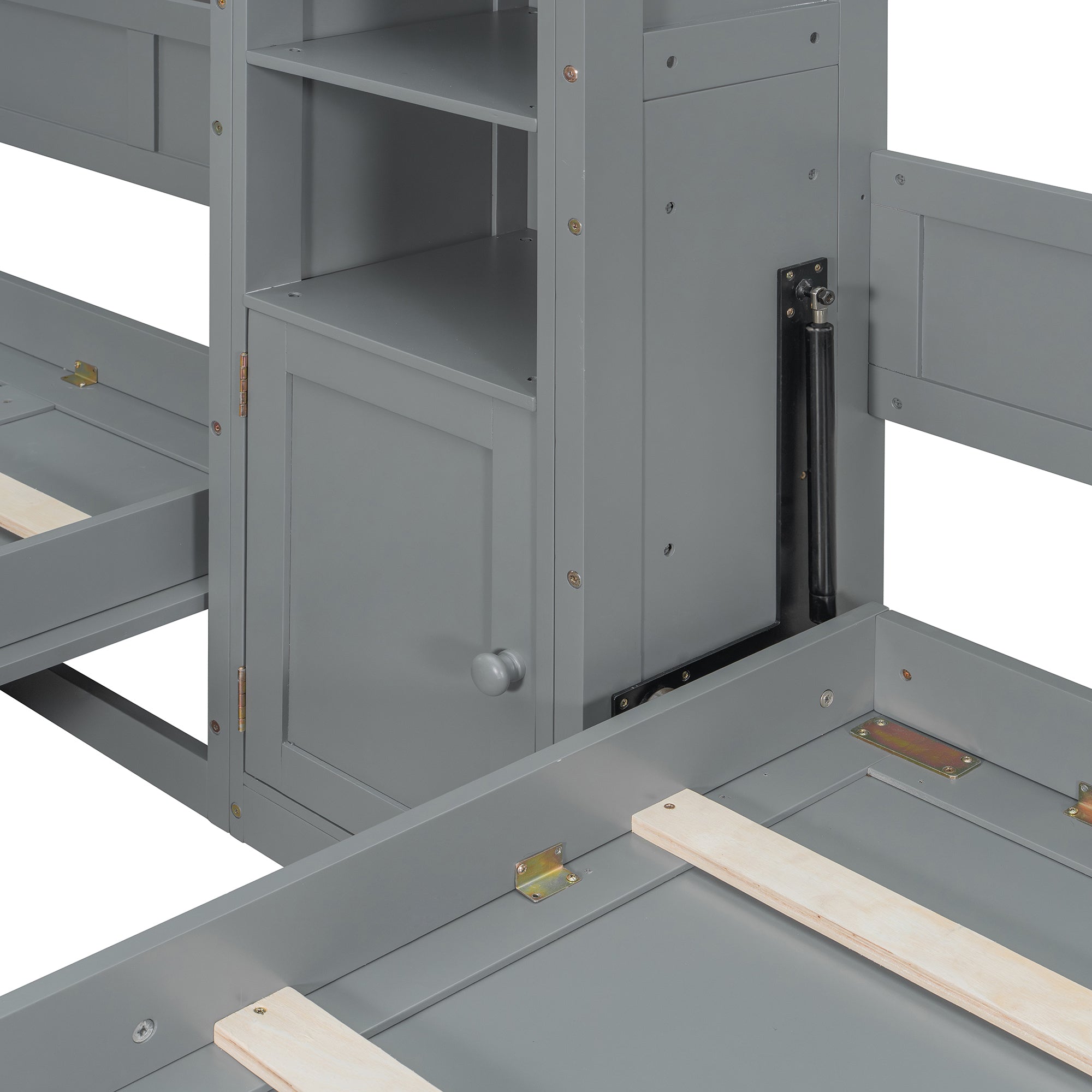 Dual Twin size Wall Murphy Beds with Cabinets and Shelves, Gray