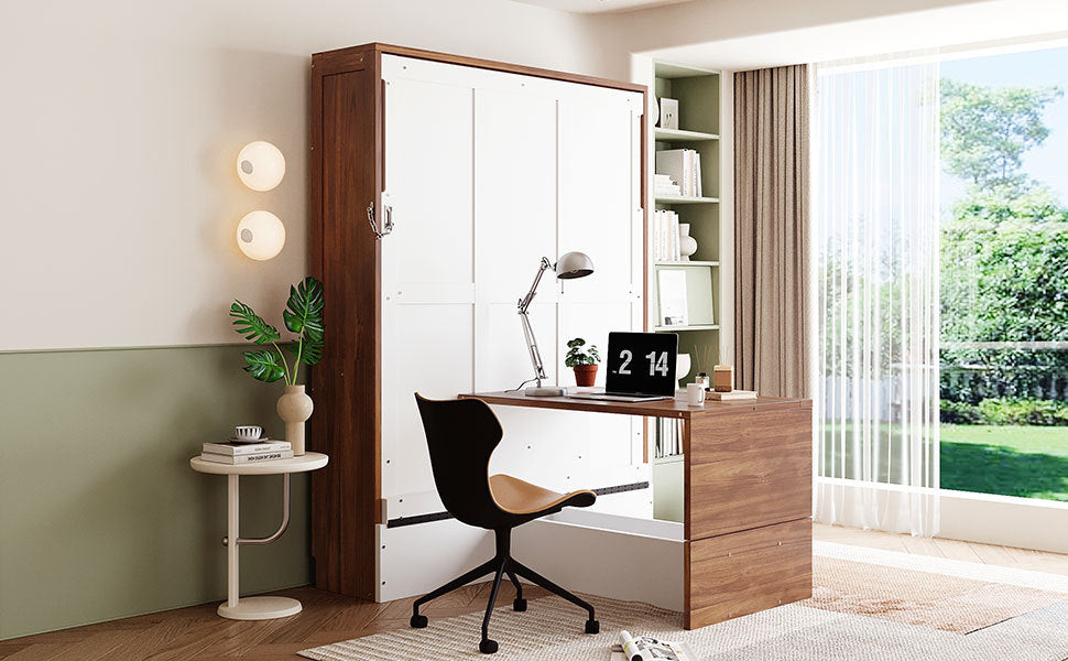 Full Size Murphy Bed with Foldable Desk – Space Saving Wall Bed - Walnut & White