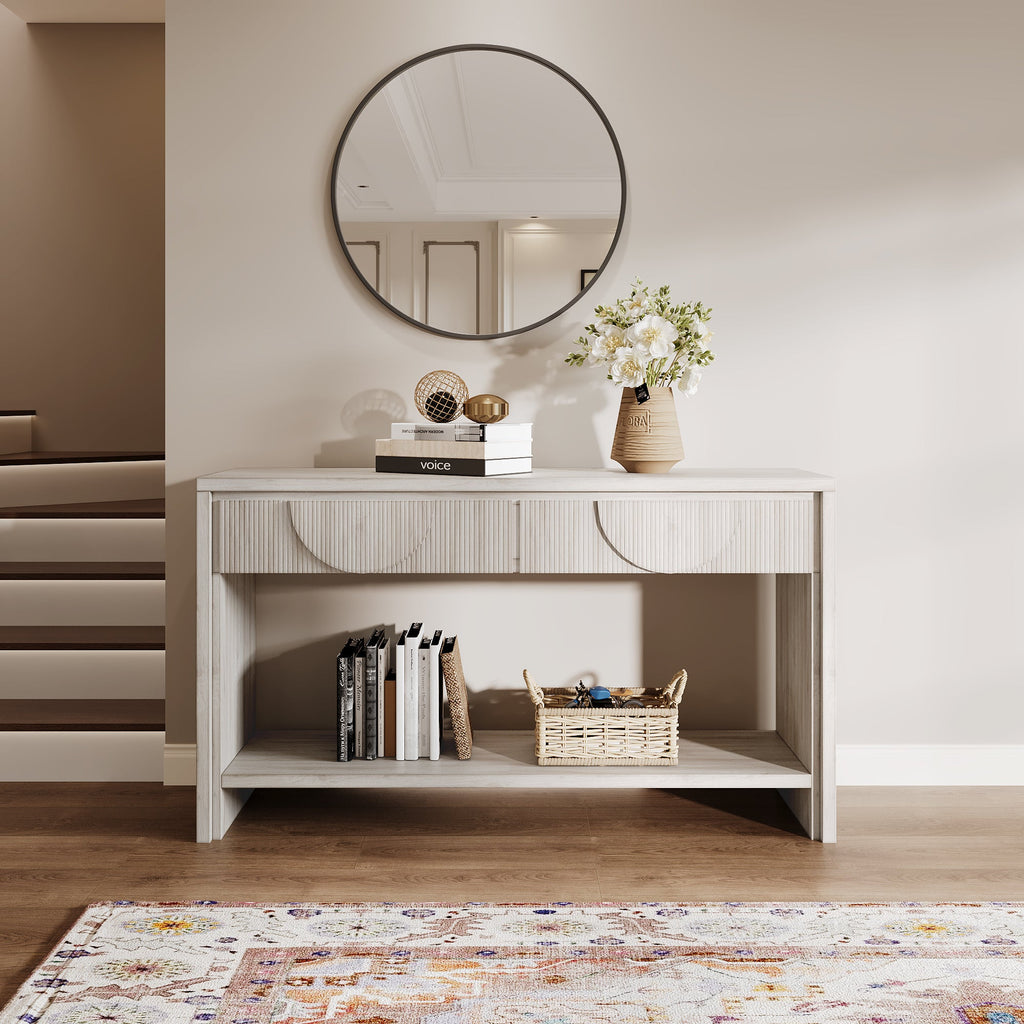 Farmhouse Style Console Table – 55.12' Long Distressed Wood Sofa Table with Storage Drawers & Open Shelf - White