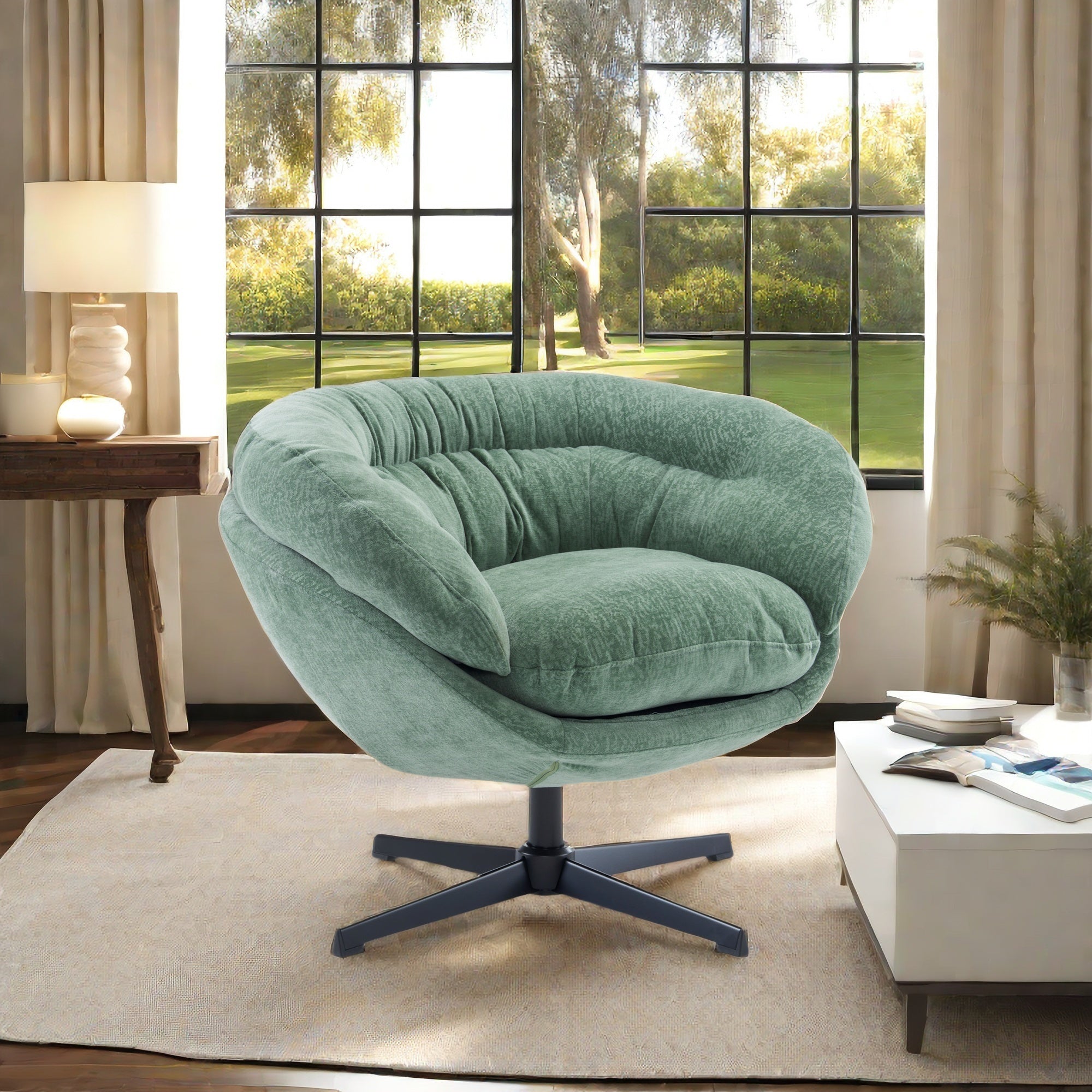 Modern Chenille Office Chair, 360° Swivel Club Chair/Accent Chair with Removable Cushion, Round Office Chair, Black Metal Base, Cotton Material, Living Room, Bedroom, Reading Corner, Office (Green)