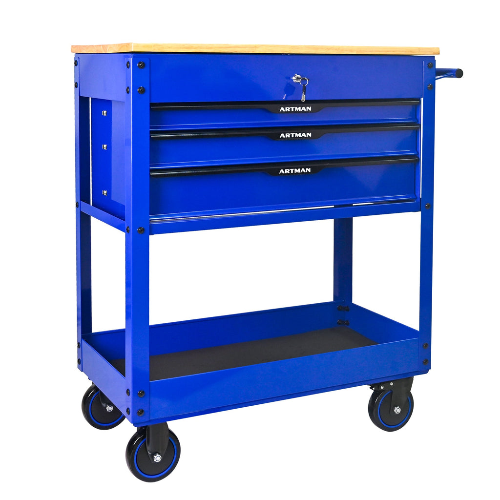3 DRAWERS MULTIFUNCTIONAL TOOL CART WITH WHEELS AND WOODEN TOP-Blue