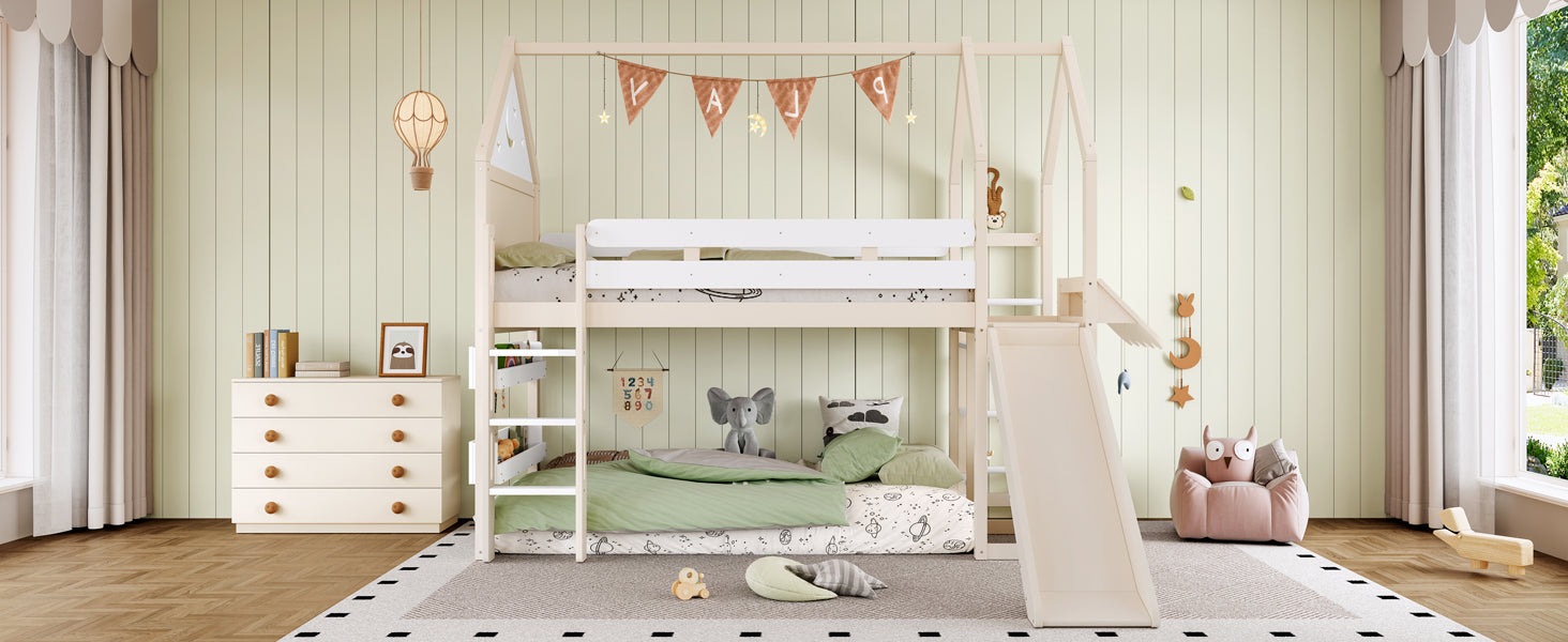 Twin Size Loft Bed with Bookshelf Playful Design for Kids House-Shaped Structure with Slide High-Quality Safety Rails,Beige