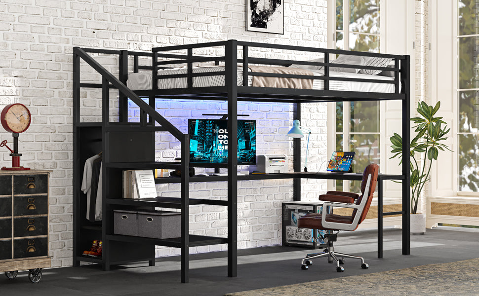 Full Size Loft Bed with L-shaped Desk and USB, Metal Loft Bed with Wardrobe and Adjustable Shelf, High Loft Bed with LED for Kids Teens Adults, Black