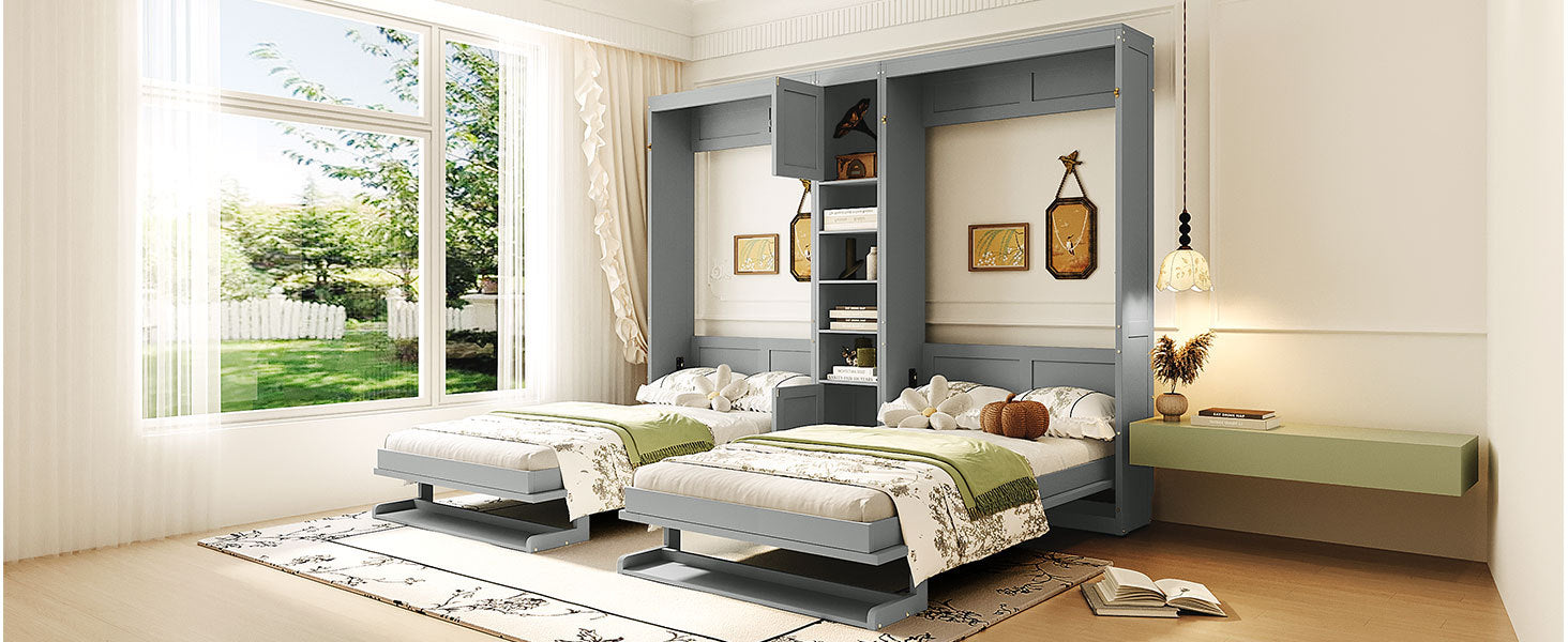 Dual Twin size Wall Murphy Beds with Cabinets and Shelves, Gray