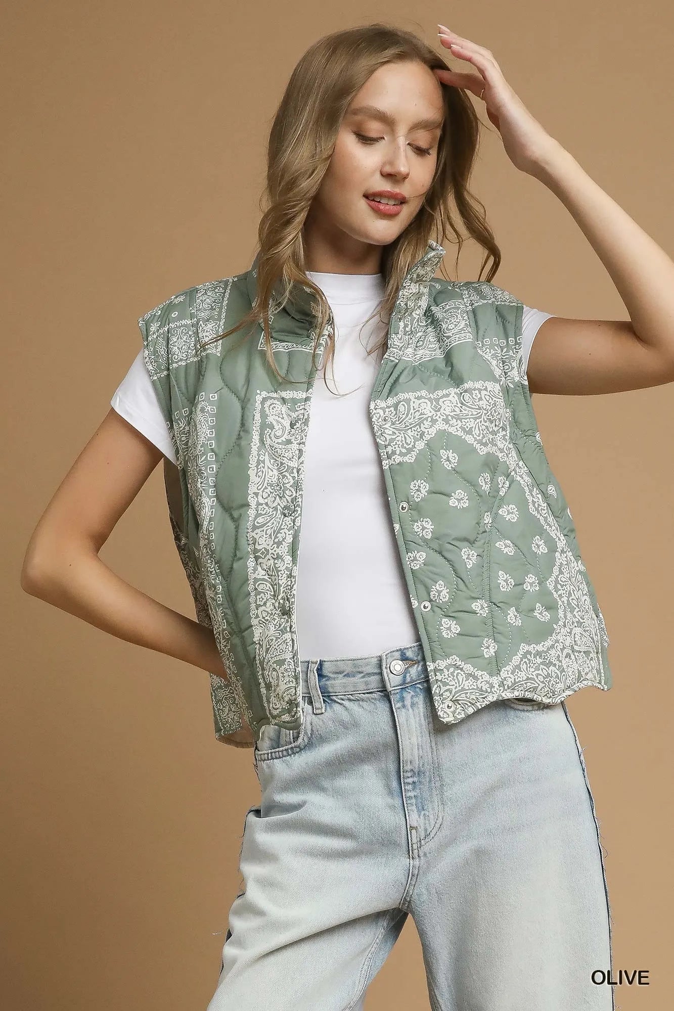 Umgee Bandana Print Quilted Puffer Vest