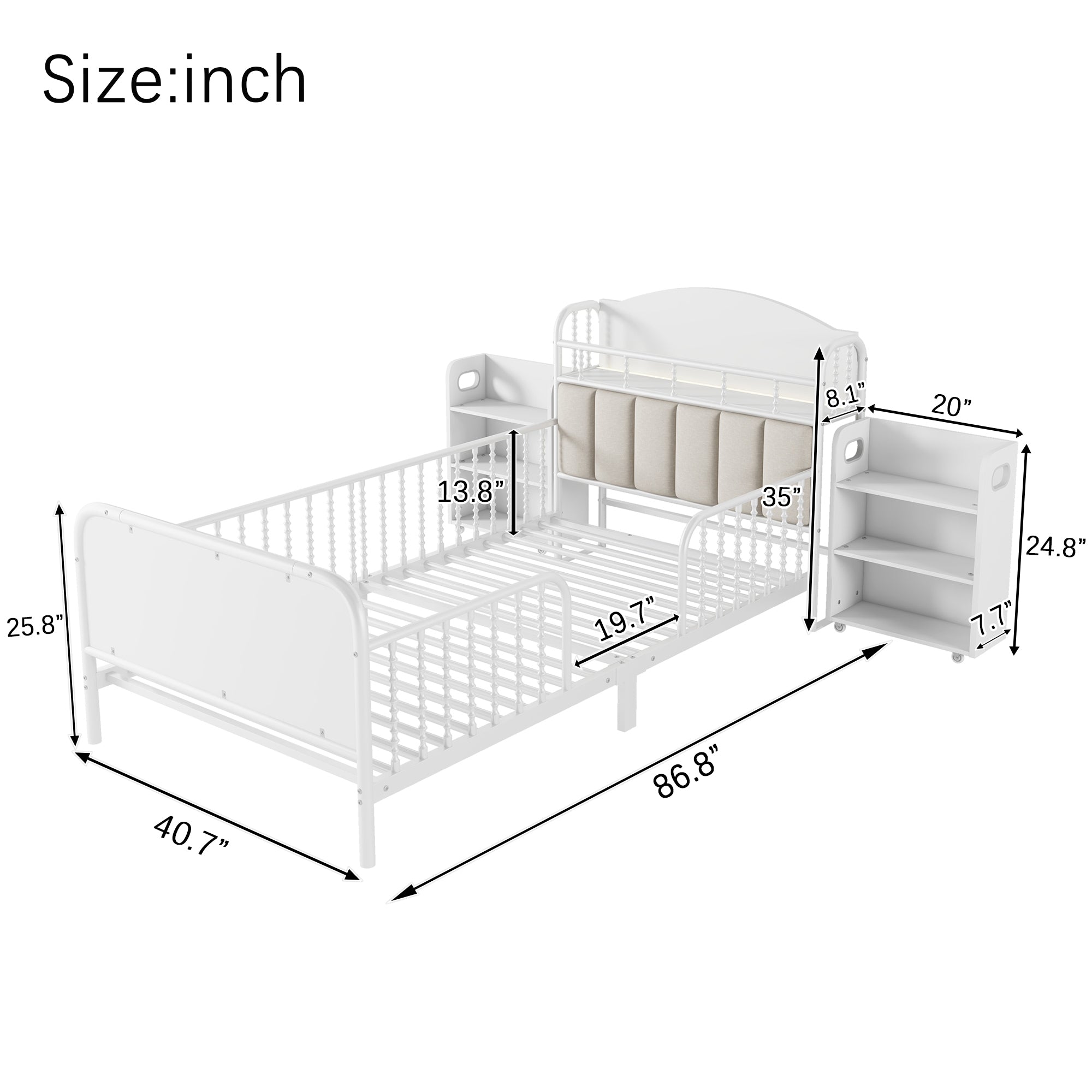 Twin Size Metal Platform Bed Frame with Light, Kids Twin Metal Bed with Upholstered and Pull Out Storage Shelves, White (Expect Arrival Date 2025/10/5)