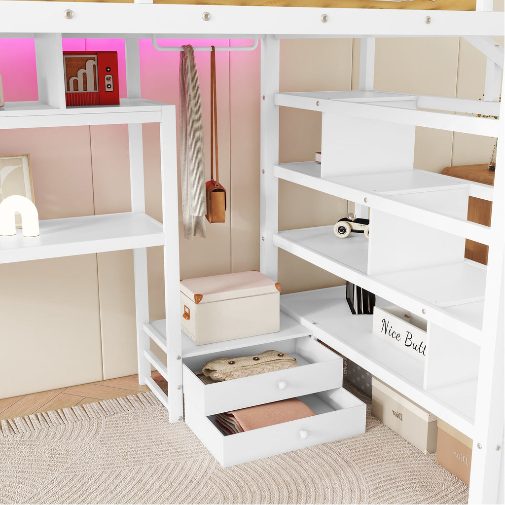 Full Size Loft Bed with LED Light & Charge Station, Metal Loft Bed with Desk and Staircase, Loft bed with Wardrobe for Kids, White (Expect Arrival Date 2025/4/30)