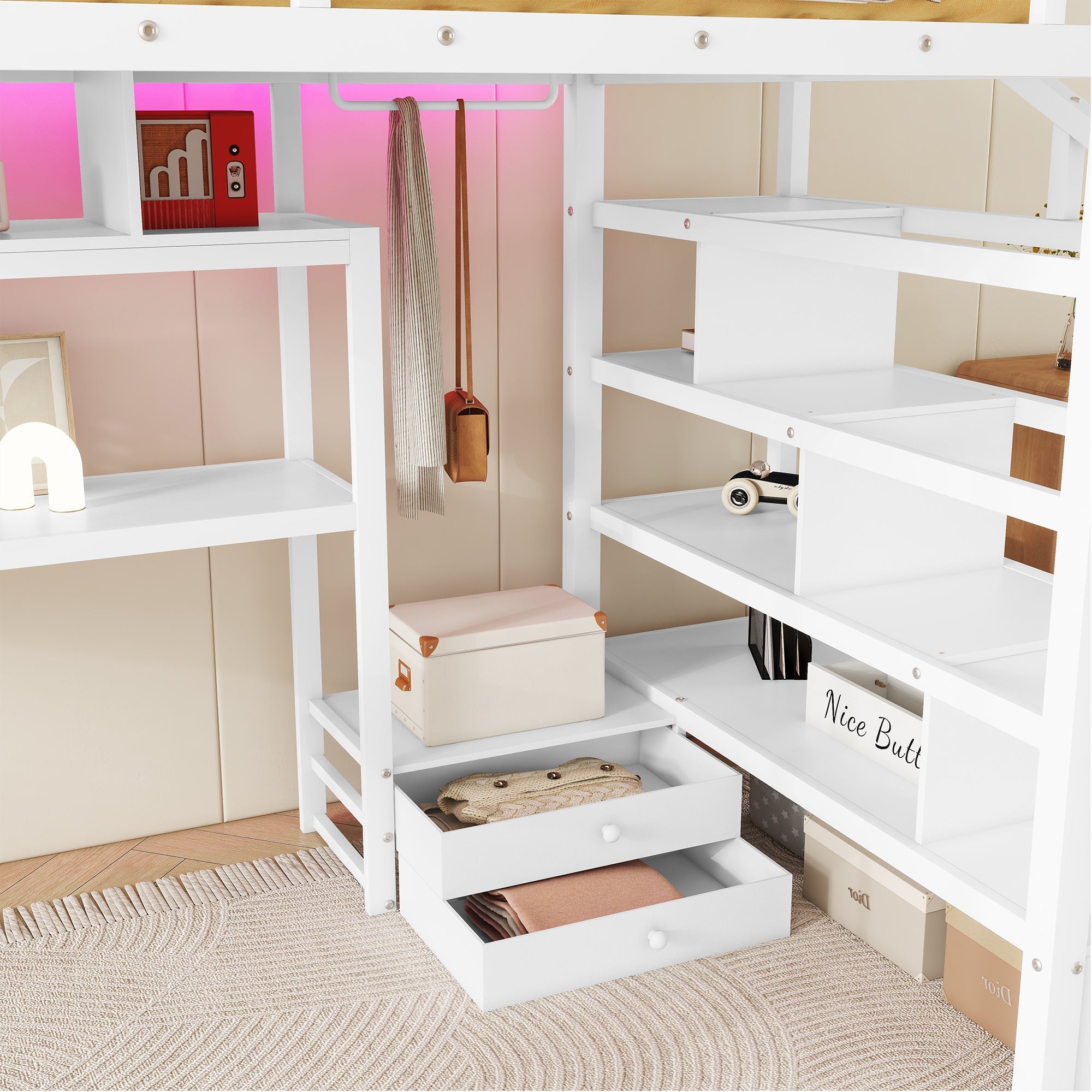 Full Size Loft Bed with LED Light & Charge Station, Metal Loft Bed with Desk and Staircase, Loft bed with Wardrobe for Kids, White (Expect Arrival Date 2025/4/30)