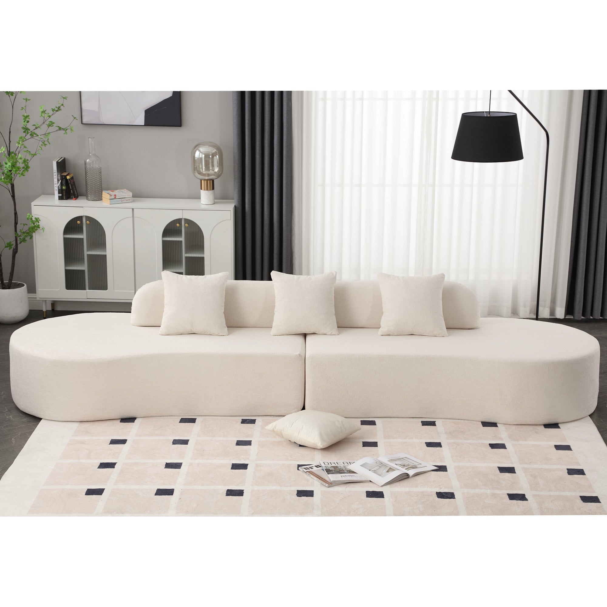 Modern curved combination sofa, terrycloth fabric sofa, minimalist sofa in living room, apartment, no assembly required, three  pillows,Beige
