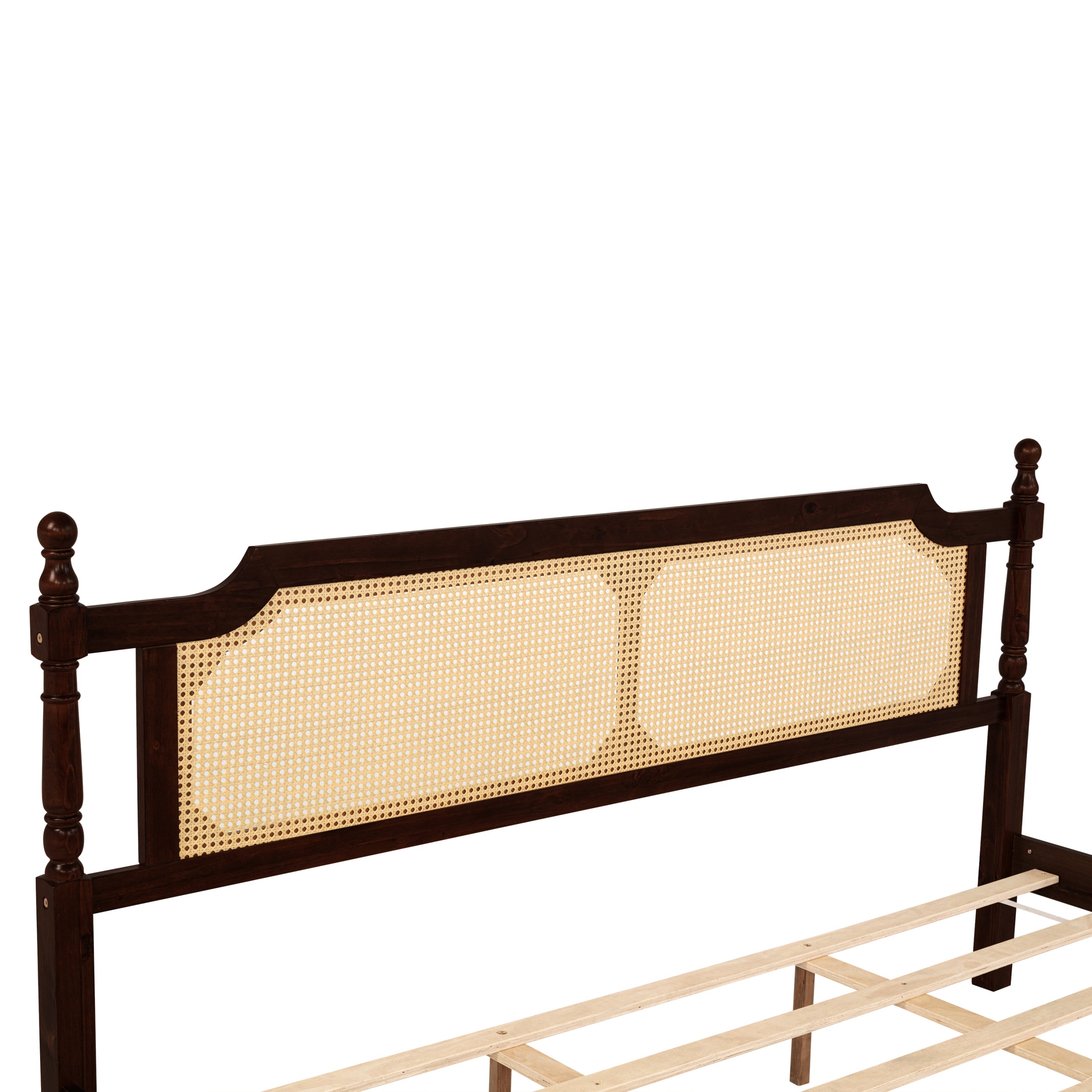 King Pine wooden Bed with Rattan Headboard  and Footboard, with  Central Enhanced Bed Platform ,Espresso