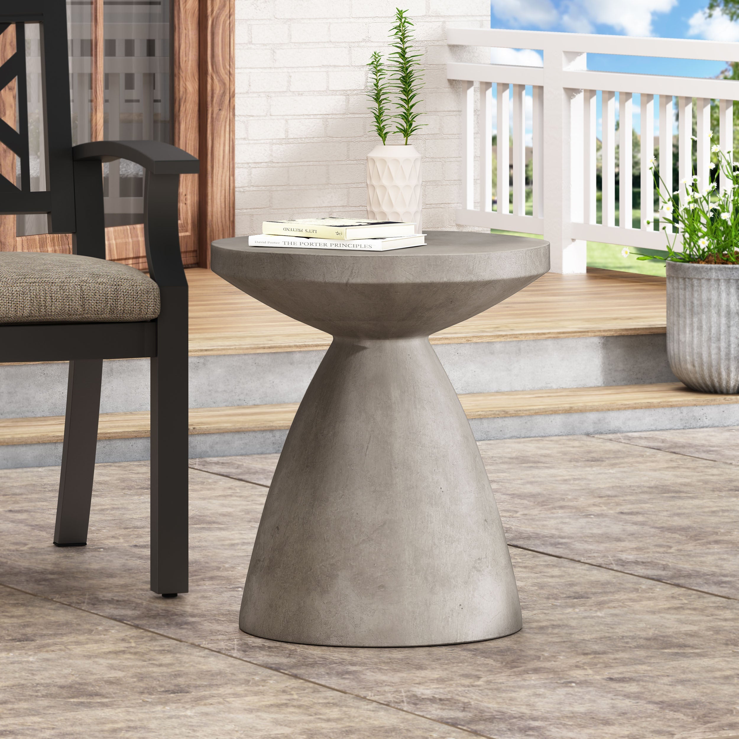 Modern Outdoor Lightweight Concrete Side Table with Hourglass Design in Natural Magnesium Oxide, 18x18x20.25 inches