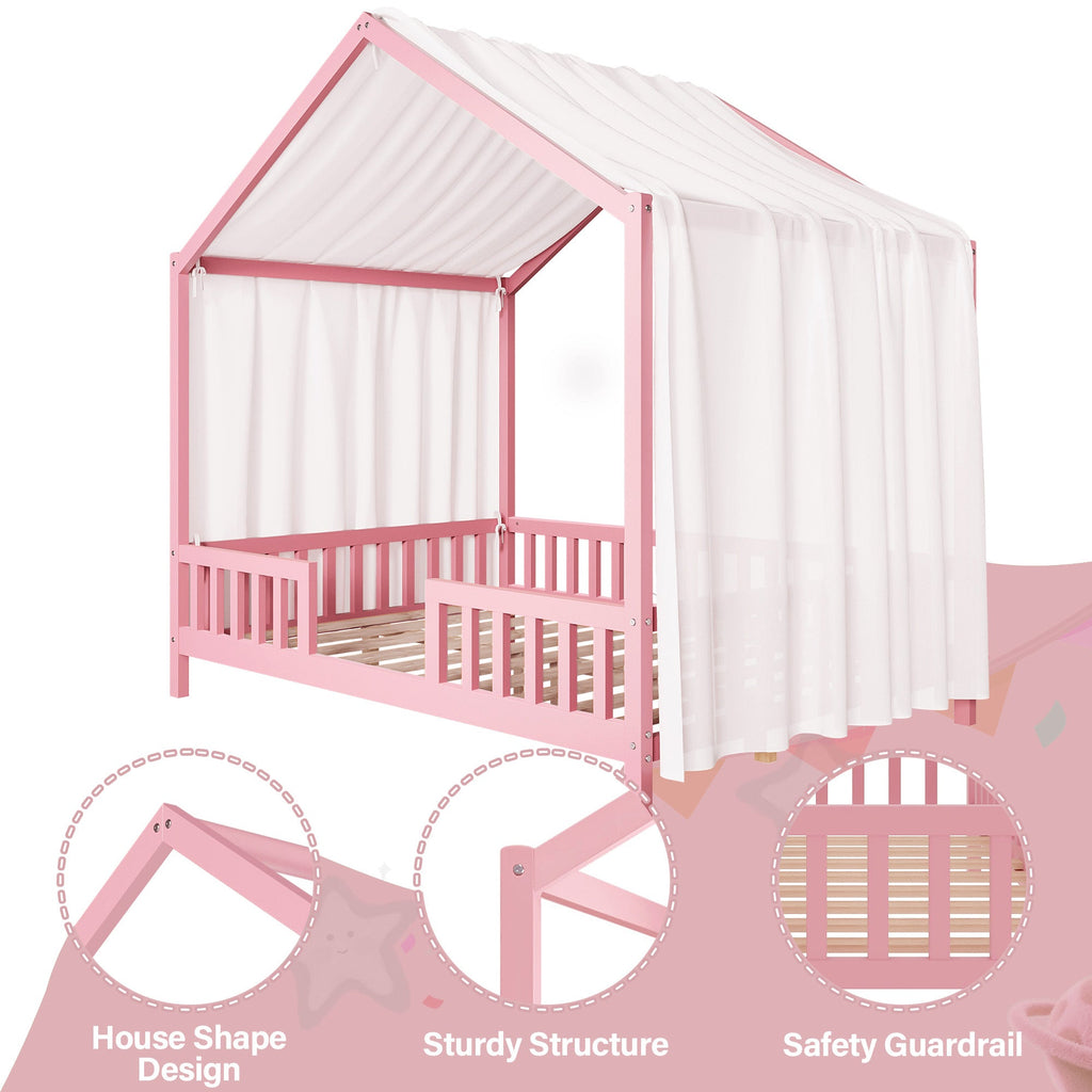 Montessori Floor Bed with Canopy, Full Bed Frame for Kids, House Shape Kids Bed Frame with High Railings, Wood Kids Bed with Roof, Kid Full Bed, Pink