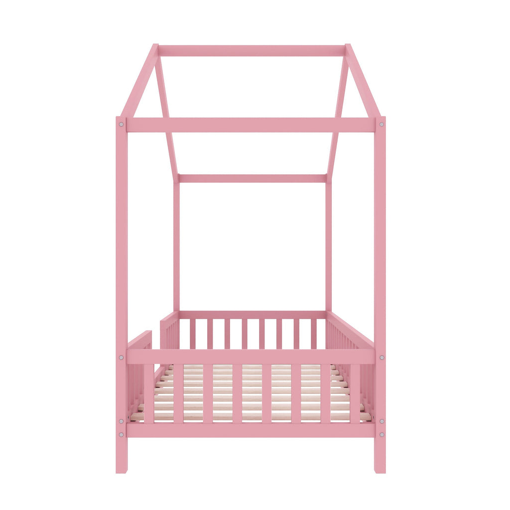 Montessori Floor Bed with Canopy, Twin Bed Frame for Kids, House Shape Kids Bed Frame with High Railings, Wood Kids Bed with Roof, Kid Twin Bed, Pink