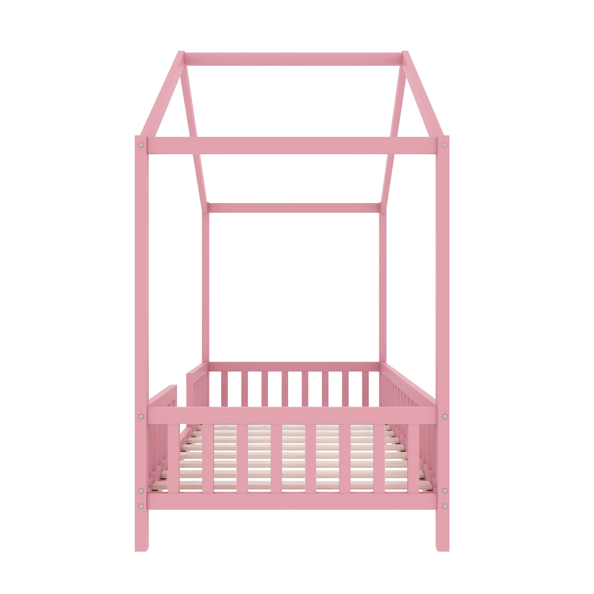 Montessori Floor Bed with Canopy, Twin Bed Frame for Kids, House Shape Kids Bed Frame with High Railings, Wood Kids Bed with Roof, Kid Twin Bed, Pink