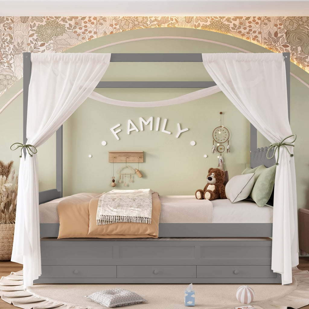 Full Platform Bed with Upholstered Headboard,Twin Size Trundle and 3 Drawers,Princess Canopy Bed Frame for Kids,Storage & Easy Assembly,Gray.
