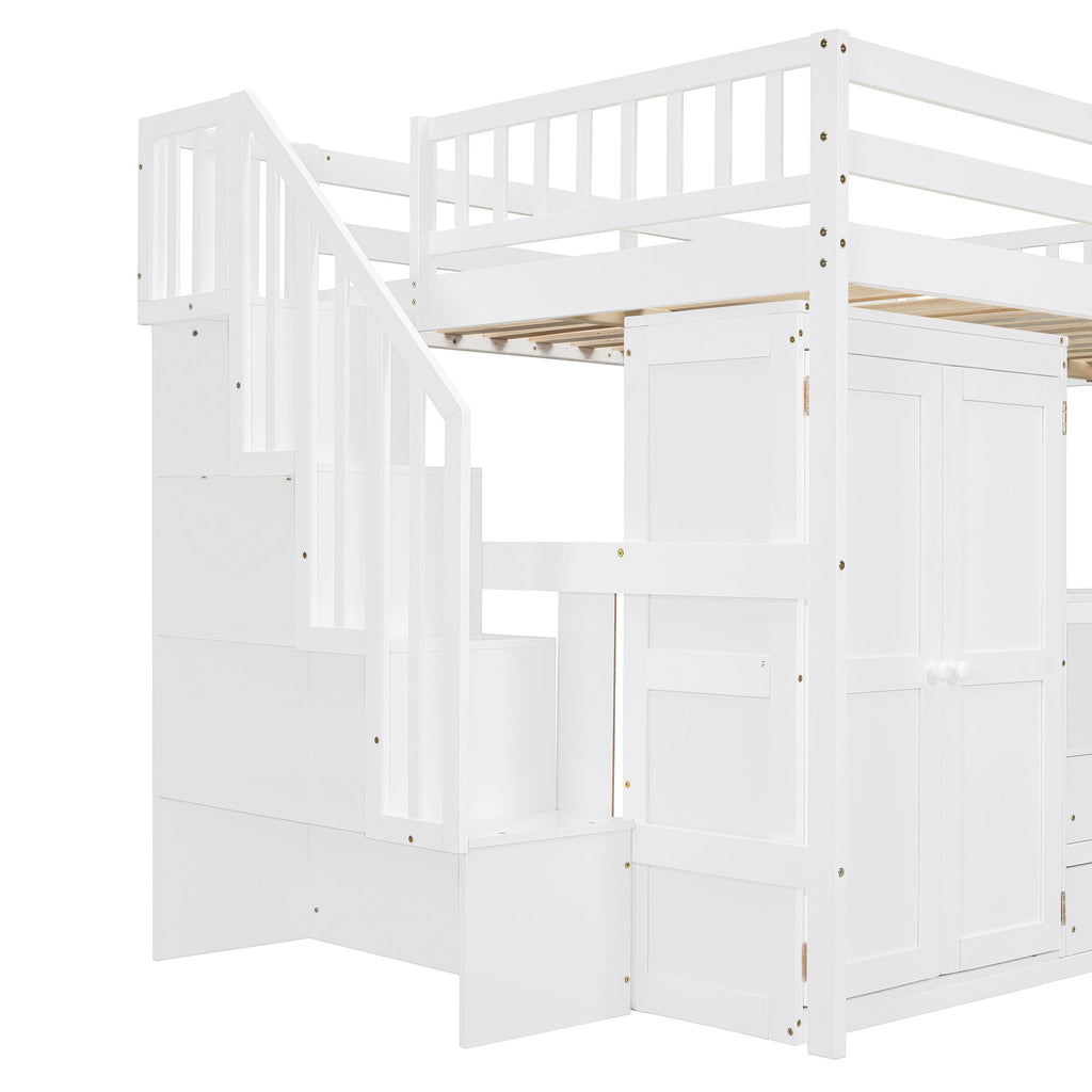 Full Size Loft Bed with Stairs, Bookshelf, Drawers, Desk & Wardrobe – Space-Saving Multifunctional Furniture for Kids & Teens-White