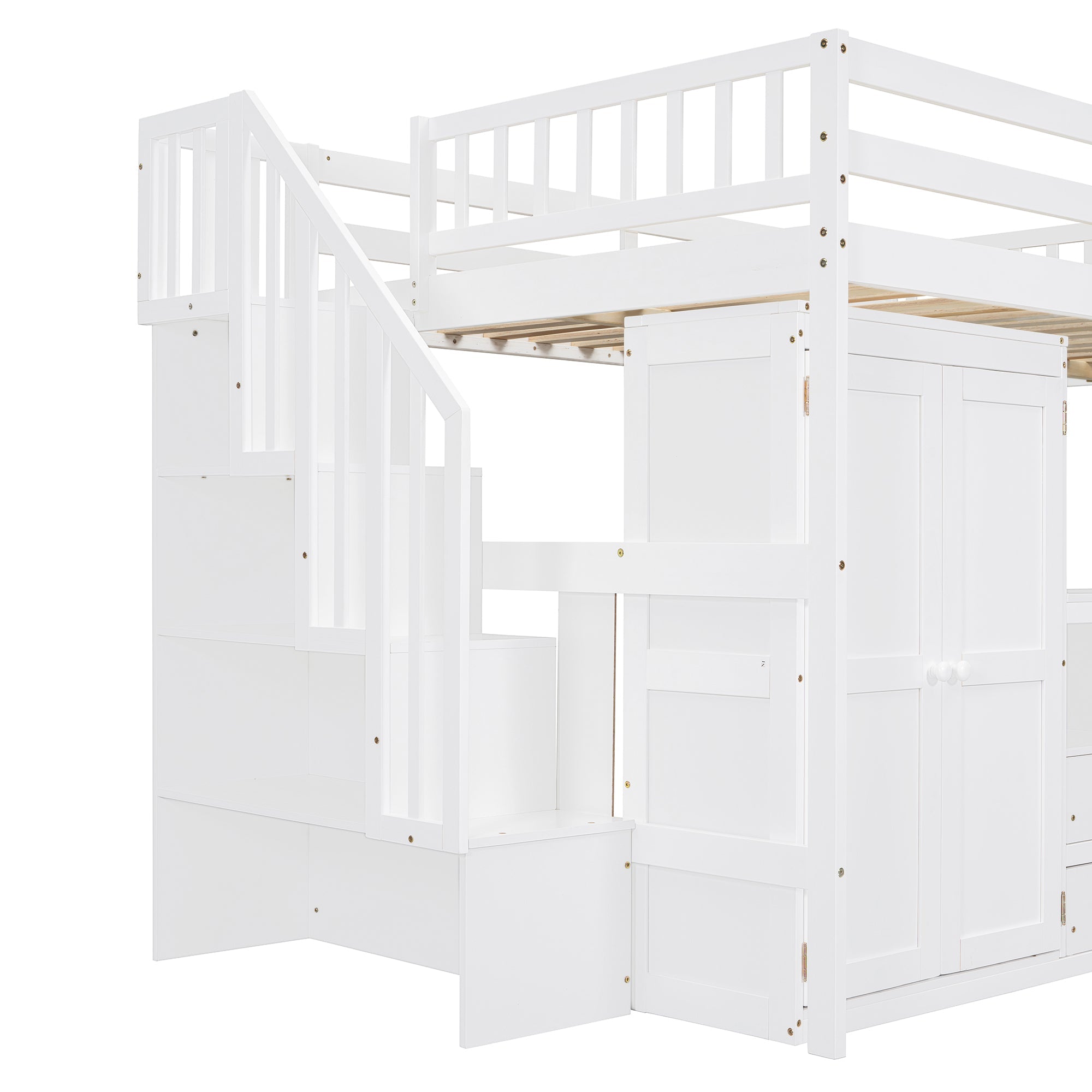 Full Size Loft Bed with Stairs, Bookshelf, Drawers, Desk & Wardrobe – Space-Saving Multifunctional Furniture for Kids & Teens-White