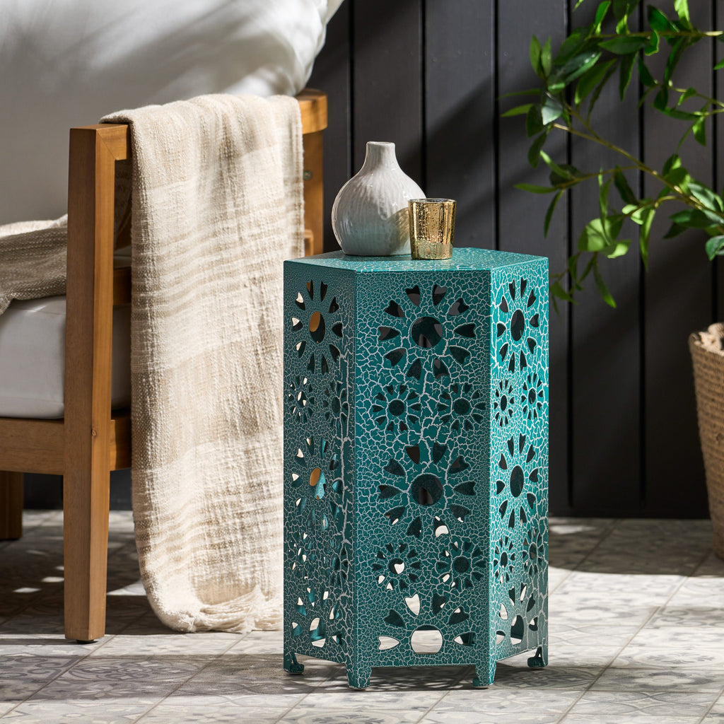 ELIANA Modern 12' Side Table with Iron Frame in Teal Finish