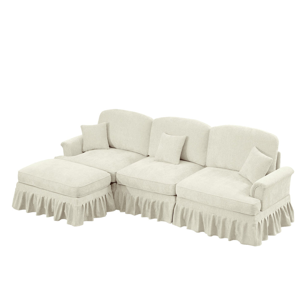 Mid Century Three Seater Modular L Shaped Sectional Couch with Flared Arms and Removable Ruffles Pleats Skirts and Spindle Legs, Comfy Chenille 3-Seat Deep Seat Sofa with Movable Ottoman, Beige White