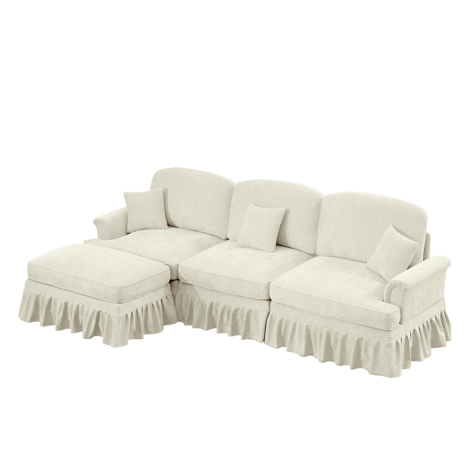 Mid Century Three Seater Modular L Shaped Sectional Couch with Flared Arms and Removable Ruffles Pleats Skirts and Spindle Legs, Comfy Chenille 3-Seat Deep Seat Sofa with Movable Ottoman, Beige White