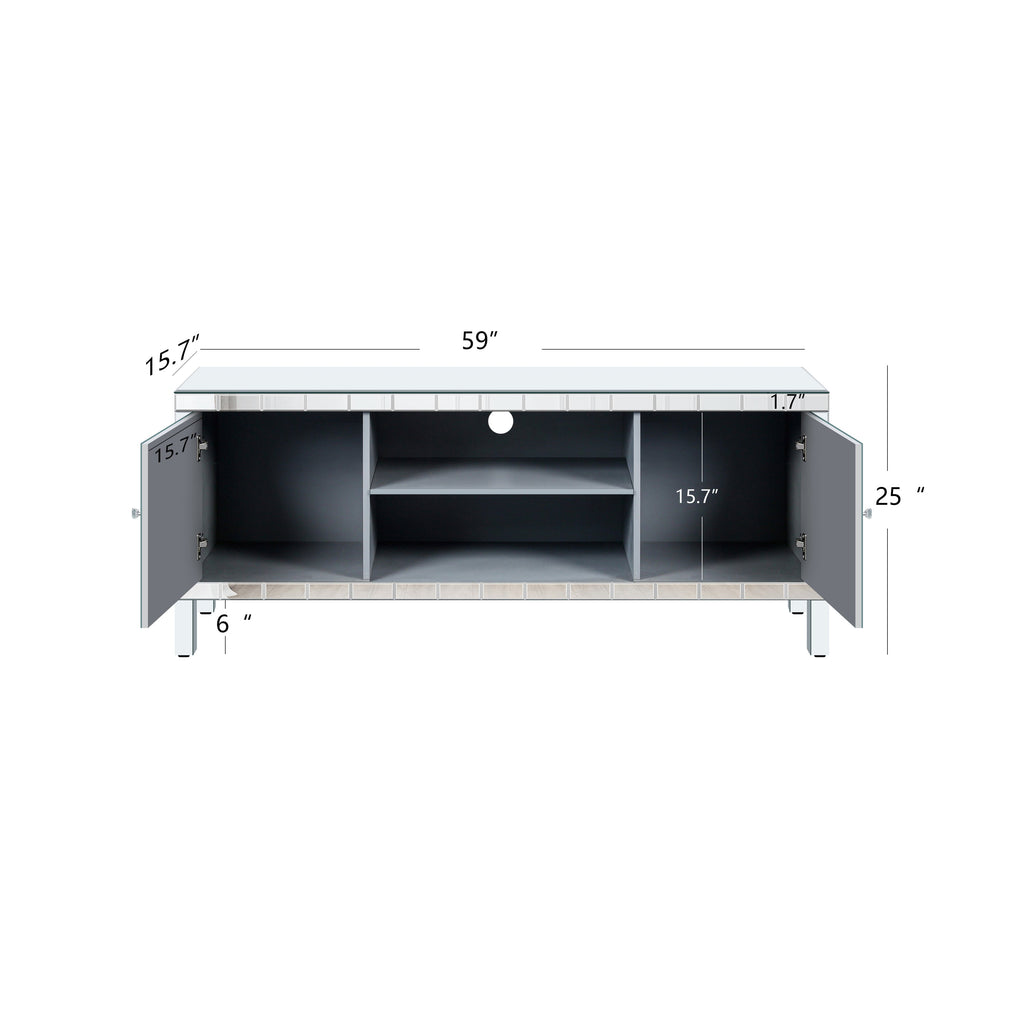 Mirrored TV Stand for 65+ inch TV,Sliver TV Console Table with Open Storage & 2 Storage Cabinets ,M Shape Sparkling Mirror Doors for Living Room(59''W x 25.2''H x 15.7D)