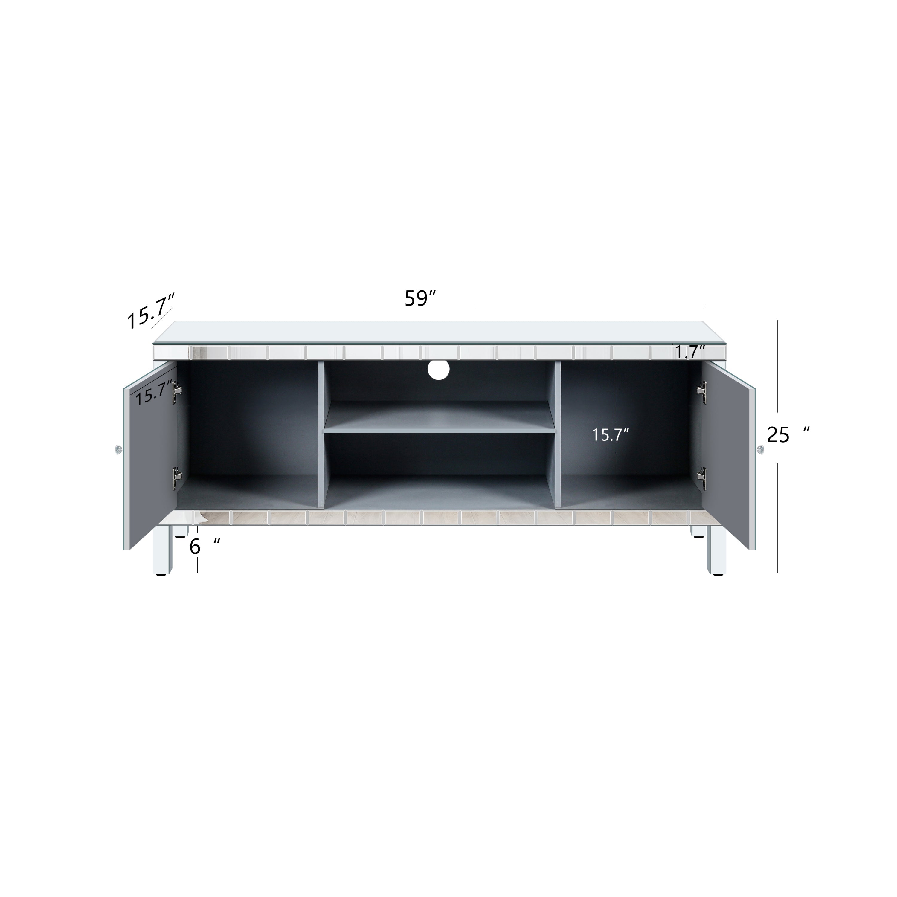 Mirrored TV Stand for 65+ inch TV,Sliver TV Console Table with Open Storage & 2 Storage Cabinets ,M Shape Sparkling Mirror Doors for Living Room(59''W x 25.2''H x 15.7D)