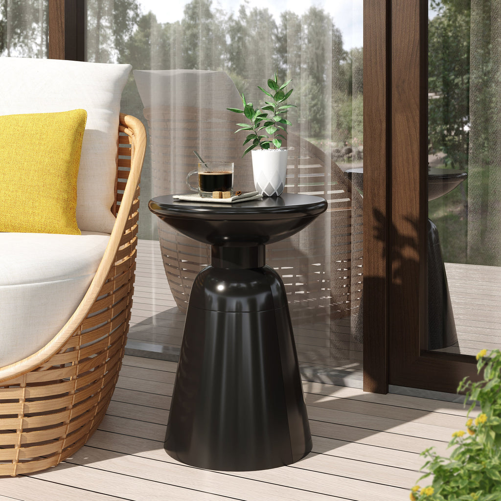 Modern Outdoor Metal End Table with Pedestal Structure in Black Iron, 15x15x20.75 Inches
