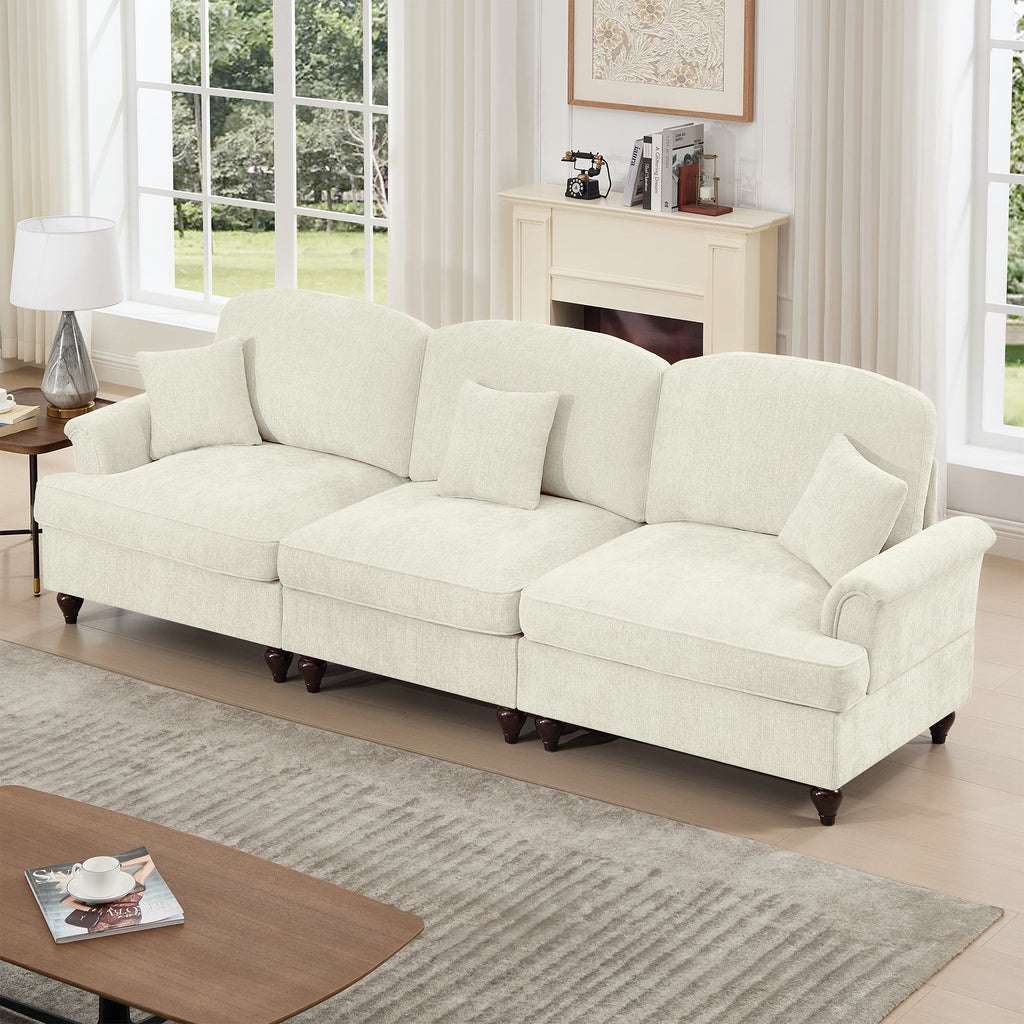 Elegant Mid Century Large 3 Seater Sofa Couch with Flared Arms and Removable Ruffles Pleats Skirts and Spindle Legs, Comfy Chenille Three-Seat Sofa for Living Room, Beige White