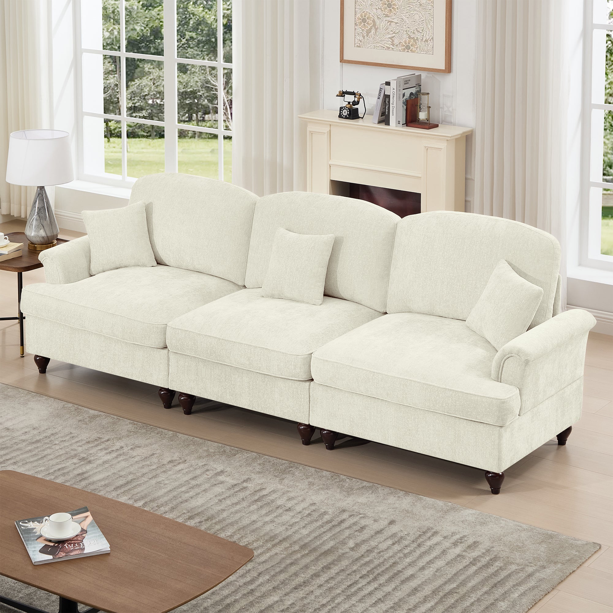 Elegant Mid Century Large 3 Seater Sofa Couch with Flared Arms and Removable Ruffles Pleats Skirts and Spindle Legs, Comfy Chenille Three-Seat Sofa for Living Room, Beige White