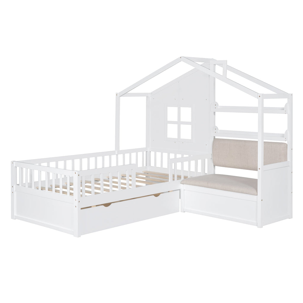 Twin Size House Bed with Sofa, Kids Platform Bed with Two Drawers and Storage Shelf, White (Old SKU:HL000065AAK)