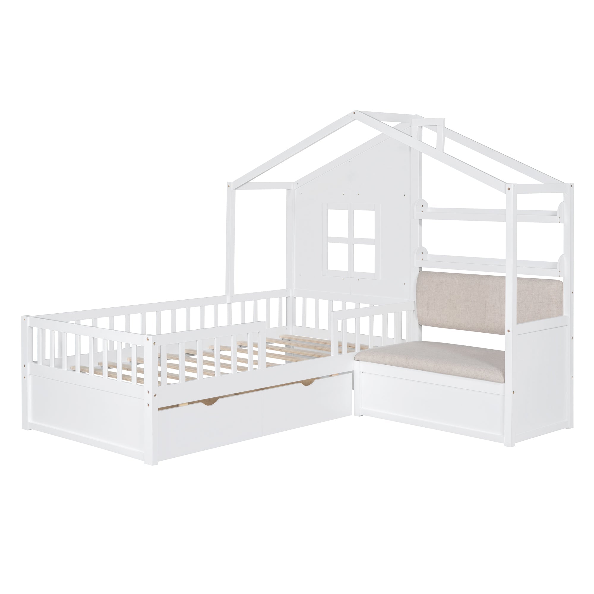Twin Size House Bed with Sofa, Kids Platform Bed with Two Drawers and Storage Shelf, White (Old SKU:HL000065AAK)