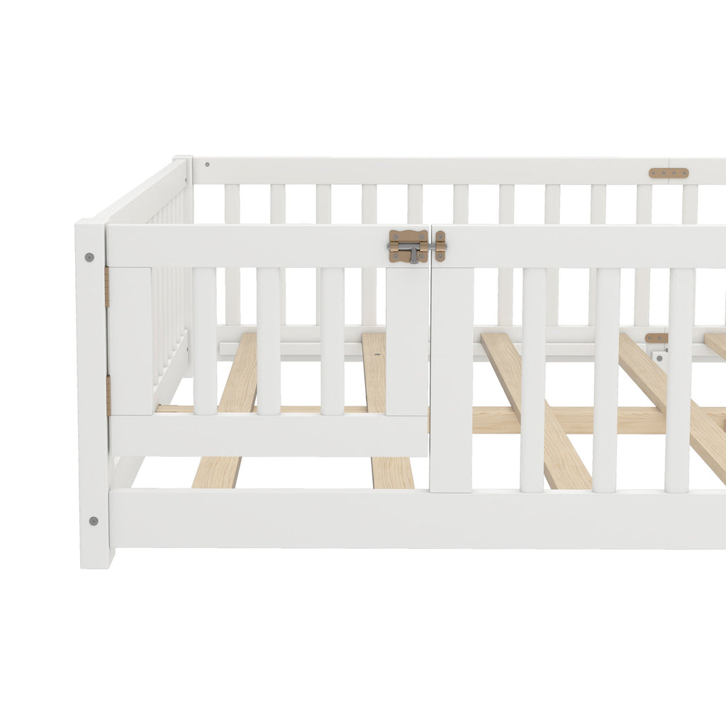 Queen Size Bed Floor Bed with Safety Guardrails and Door for Kids, White(Old SKU:  W1580P154628 )