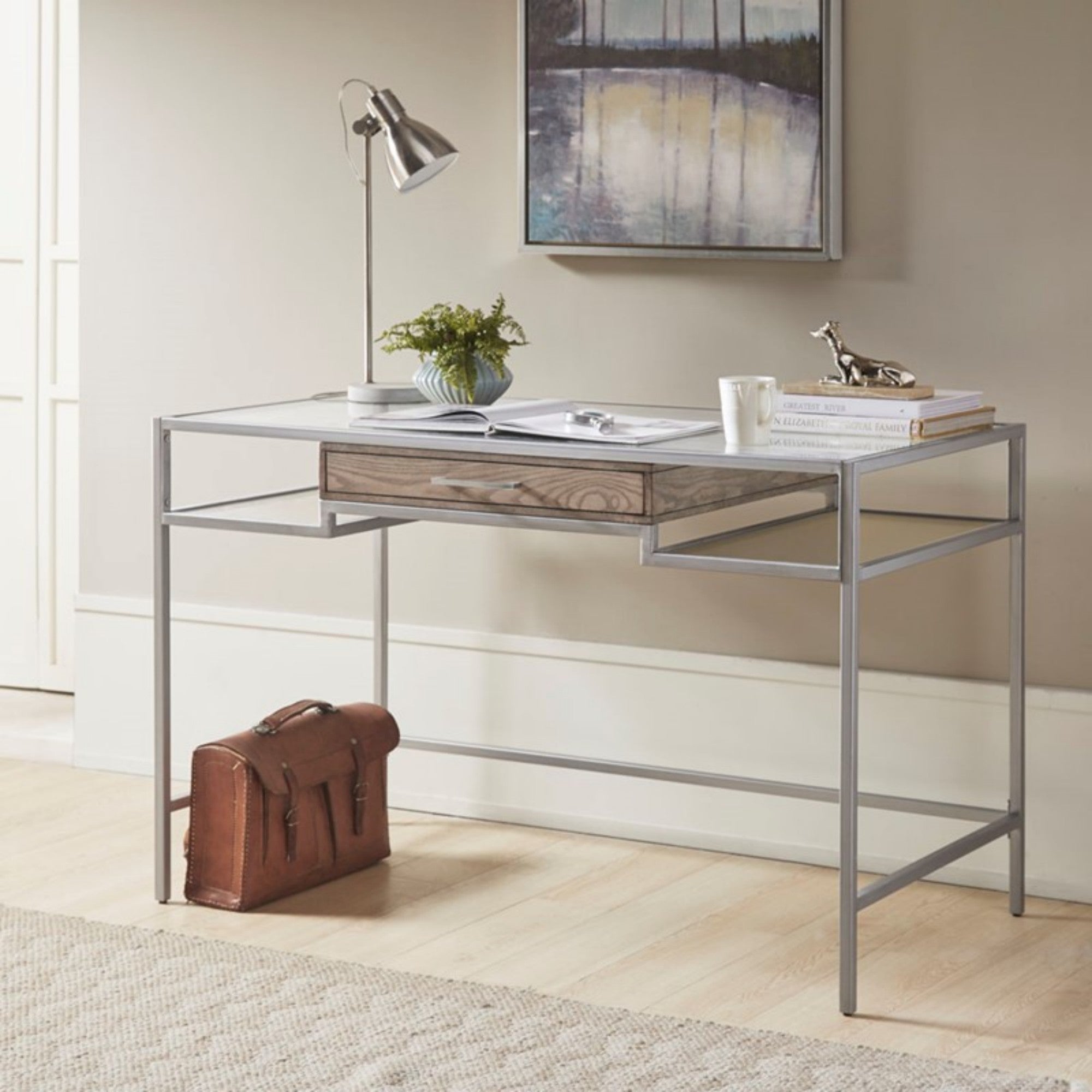 Adela Writing Desk Contemporary Style Silver Finish Metal and Tempered Glass 48 x 24 Inches