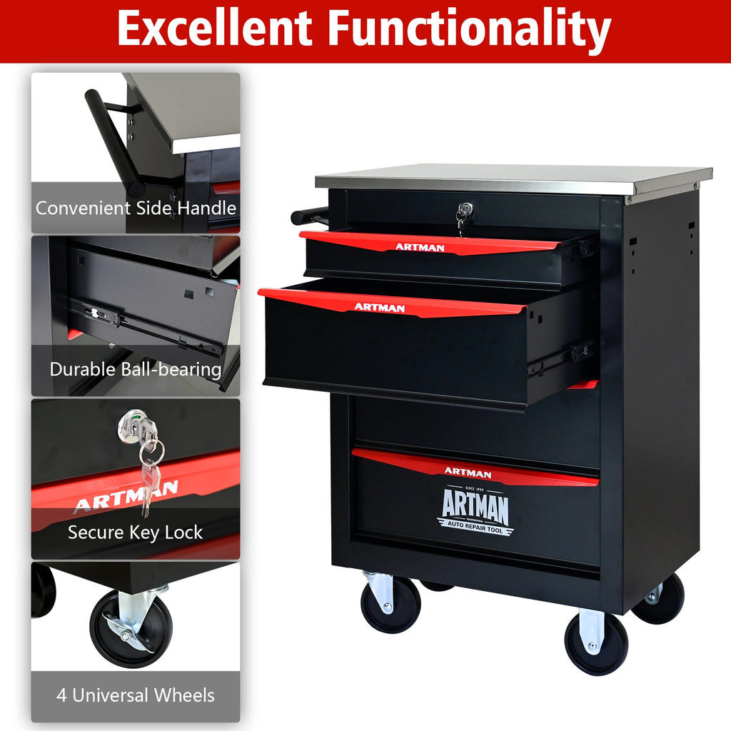 4-Drawer Multifunctional Tool Cart with Wheels, Metal Rolling Tool Cart Storage for Garage Workshop Warehouse Repair Shop - with Stainless Steel Roof - Black & Red