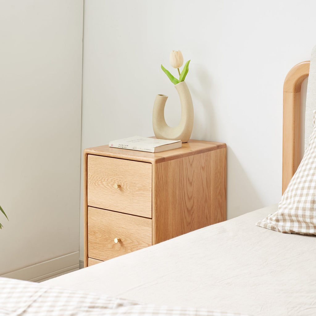 Modern Minimalist Solid Oak Bedside Table Storage Cabinet with Drawers in Oak Finish