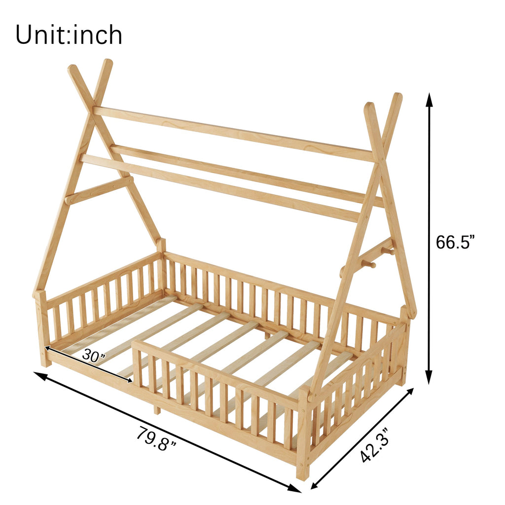 Twin House Bed with Light, Low Floor House Bed with Fence and Roof for Kids Boys Girls,Natural(Expect arrive date 2025/7/20)