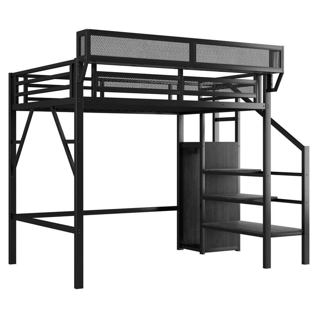 Twin XL Size Loft Bed with Stairs, Metal Full Loft Bed with Storage Shelves, High Loft Bed with Wardrobe for Kids Teens, Black(Expect Arrival Date 2025/10/14)