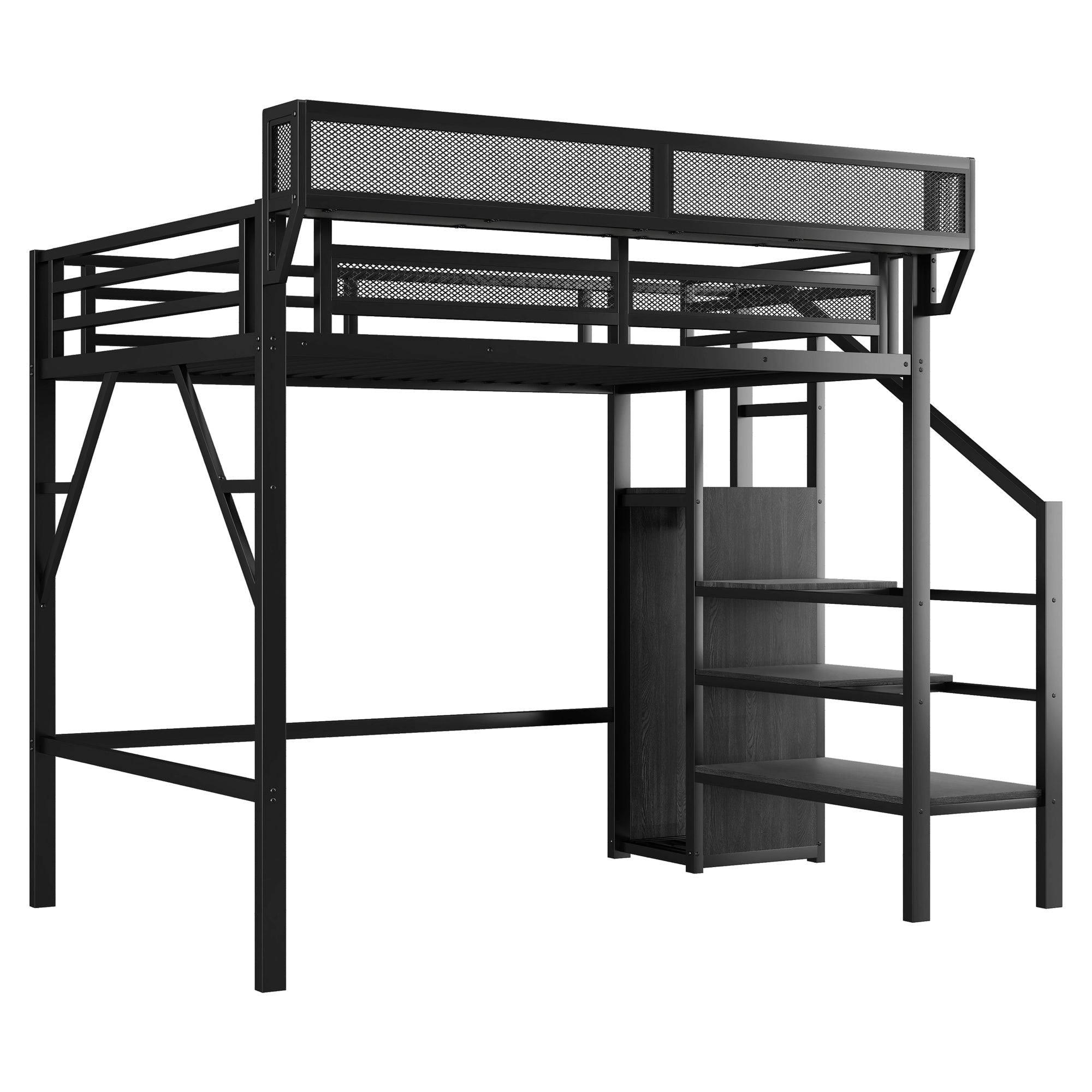 Twin Size Loft Bed with Stairs, Metal Full Loft Bed with Storage Shelves, High Loft Bed with Wardrobe for Kids Teens, Black(Expect Arrival Date 2025/9/22)
