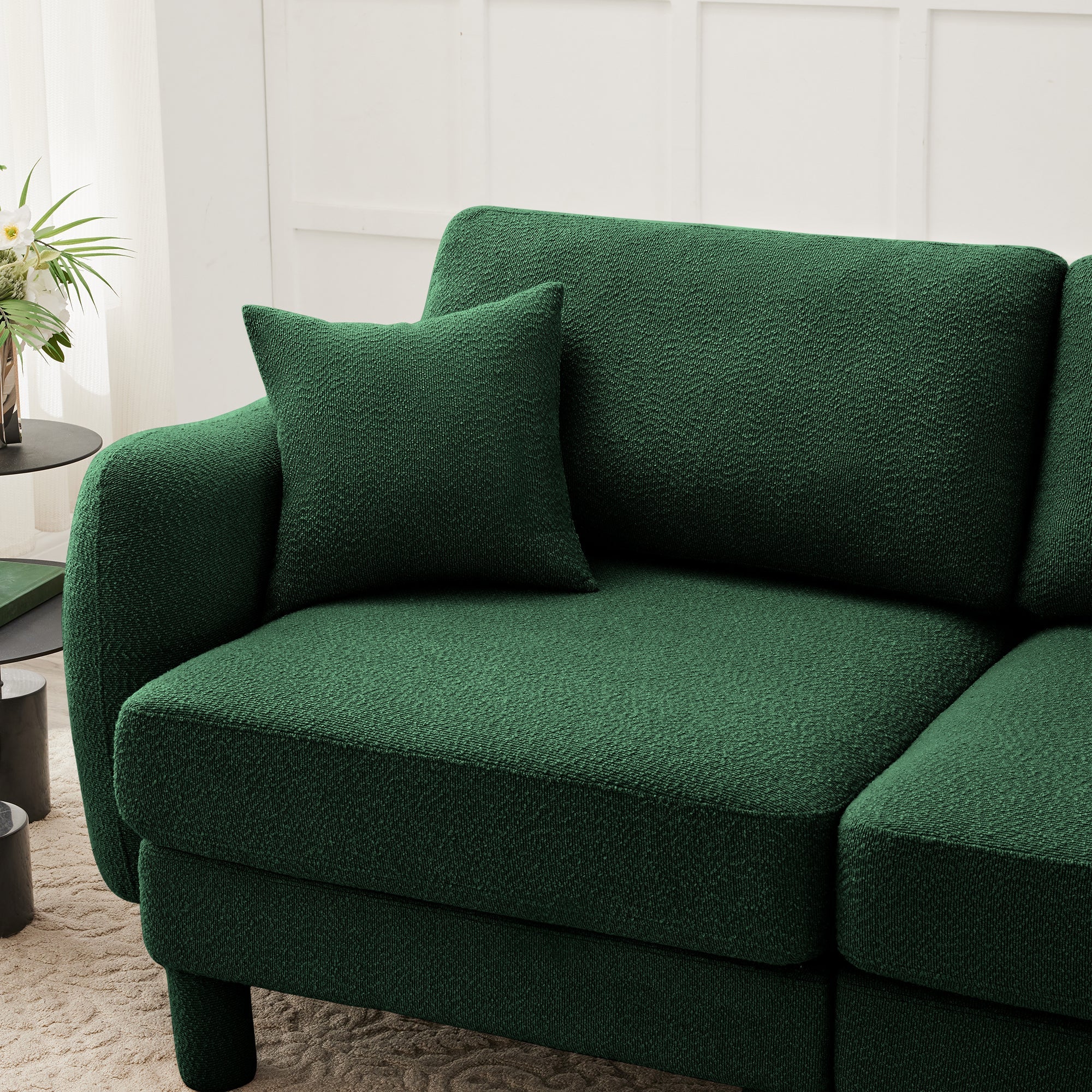 Boucle Fabric U Shape Sectional 4-seater Sofa Couch With Distinctive Shell-shaped Armrests And 2 Movable Ottomans,Cylindrical Legs Wrapped with Self-fabric,Green Color